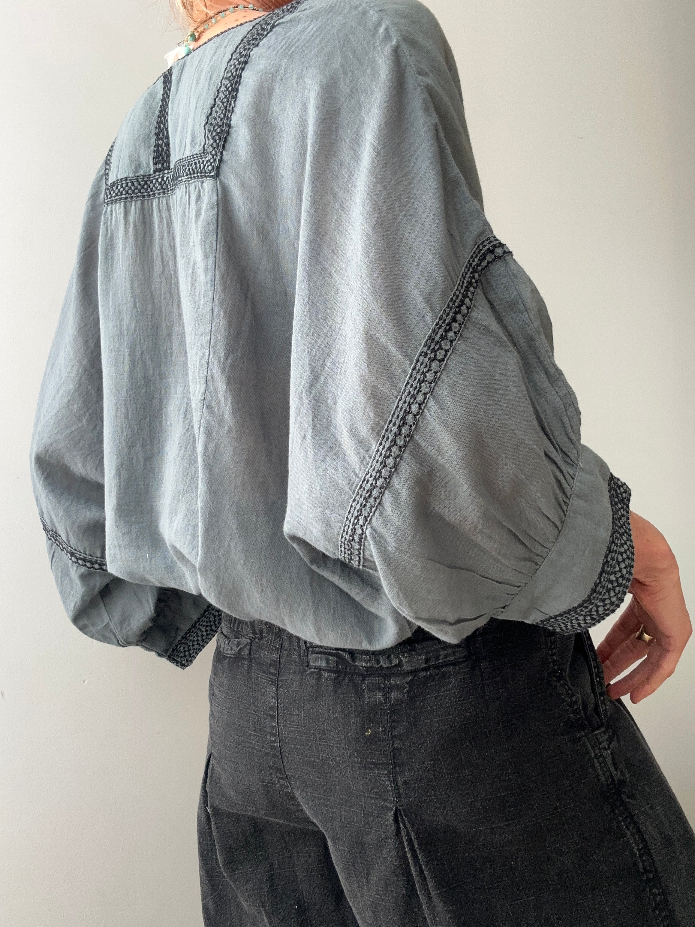 Cotton Bib Blouse in Blue | Tops
