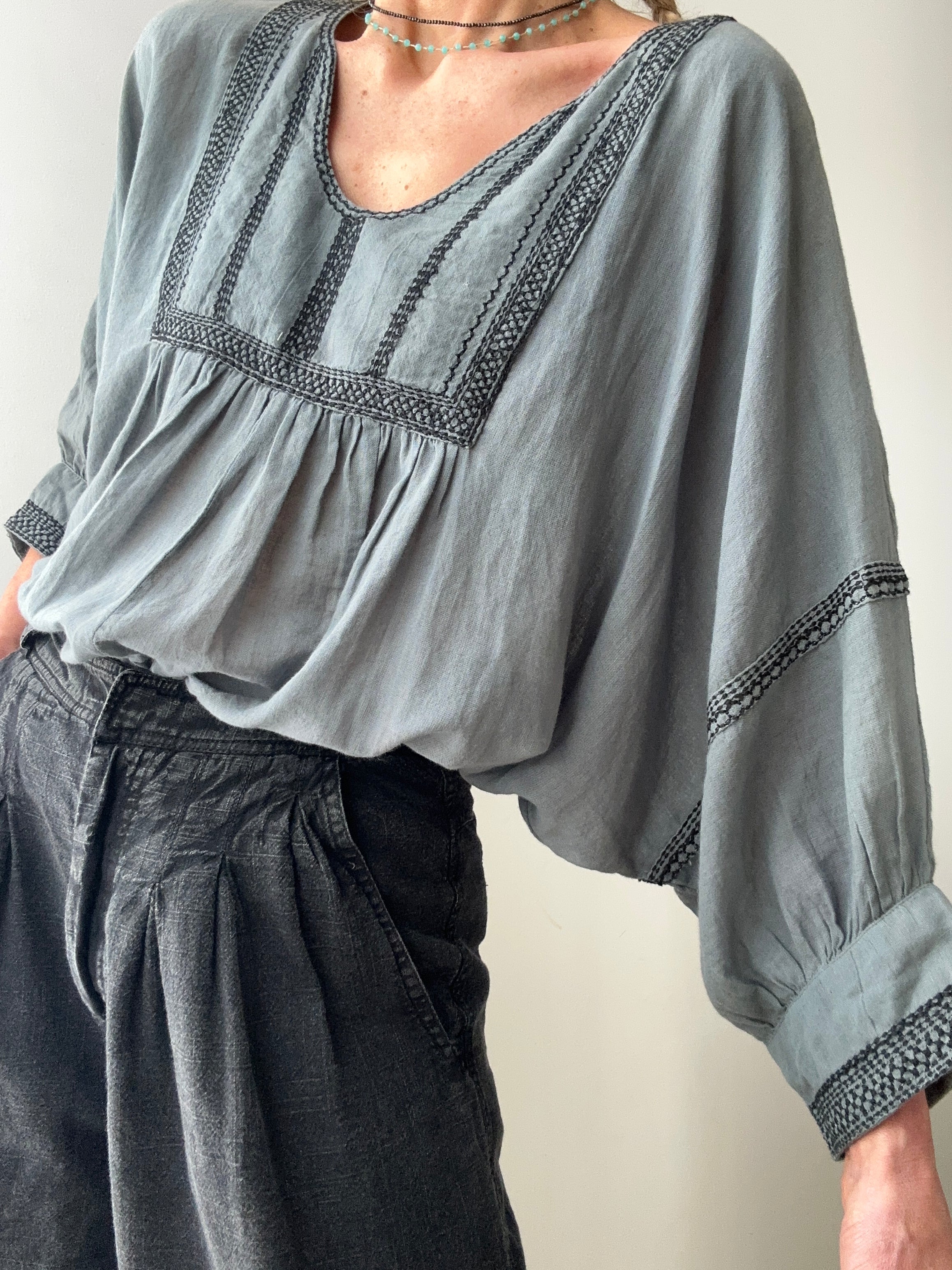 Cotton Bib Blouse in Blue | Tops