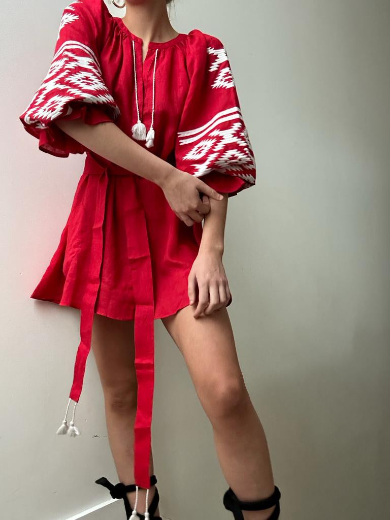 March 11 Short Dress Red Geometric White | Dresses