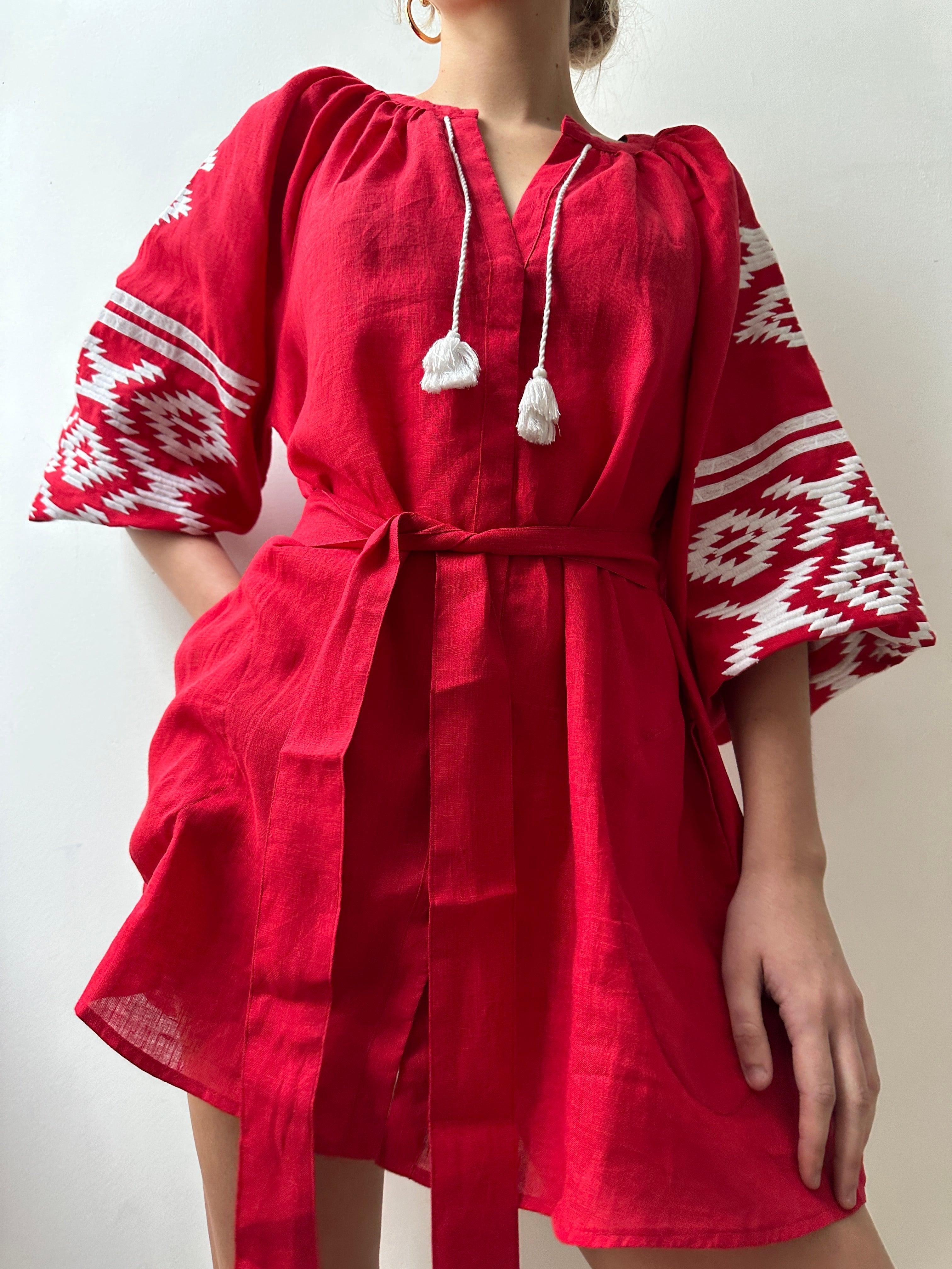 March 11 Short Dress Red Geometric White | Dresses