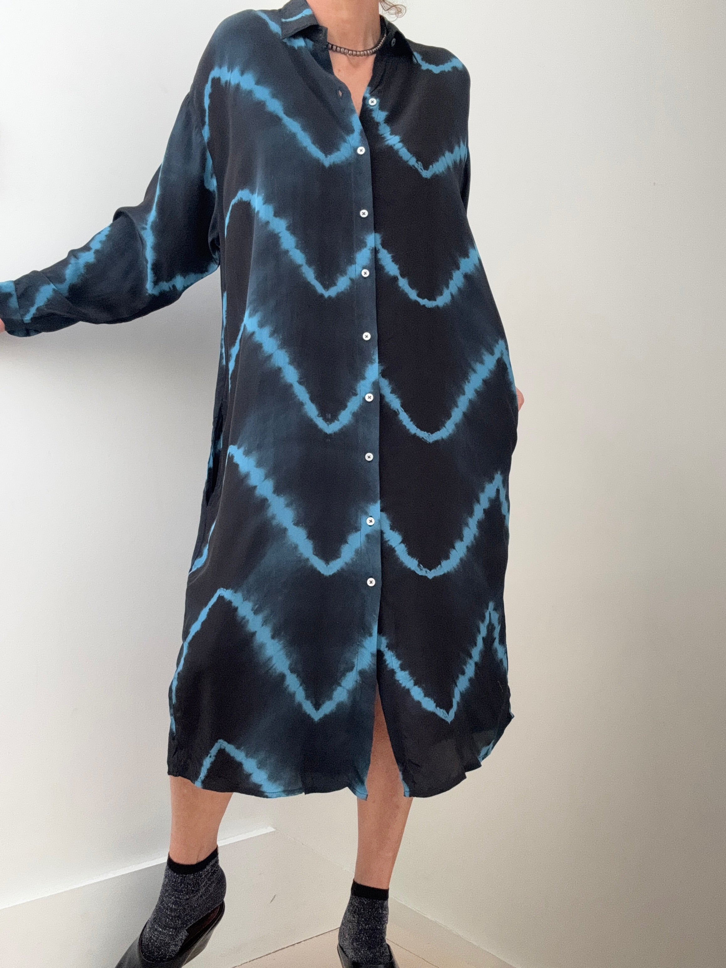 Nous Antwerp Dresses Florence Shirtdress Navy Blue Tiedye