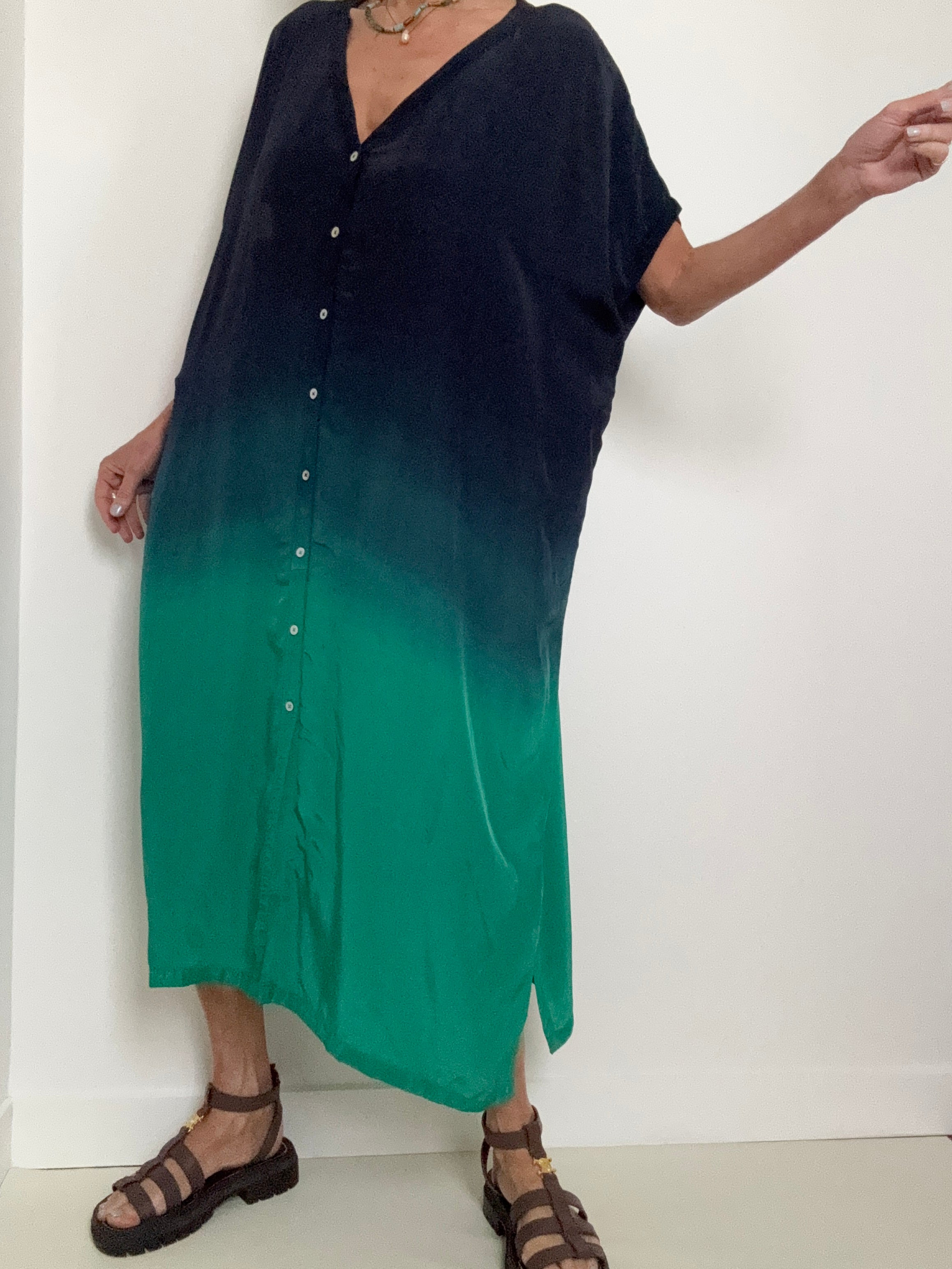 Nous Antwerp Dresses Sam Kaftan Dress Ombre Blue Green