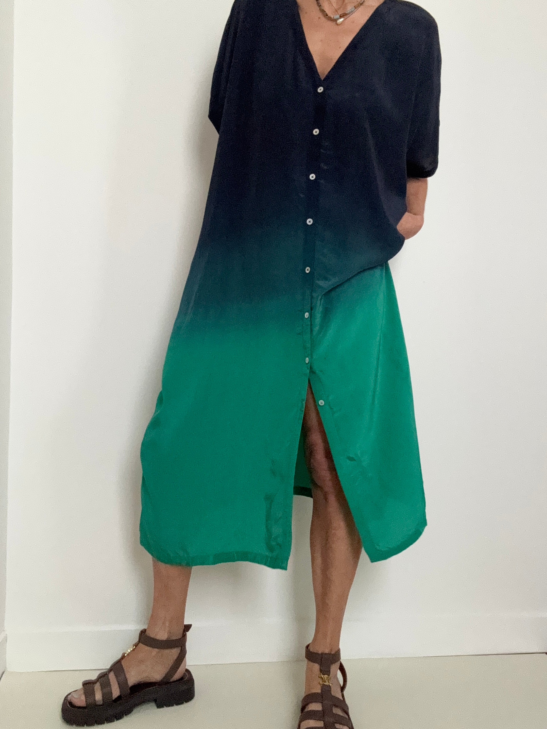 Nous Antwerp Dresses Sam Kaftan Dress Ombre Blue Green