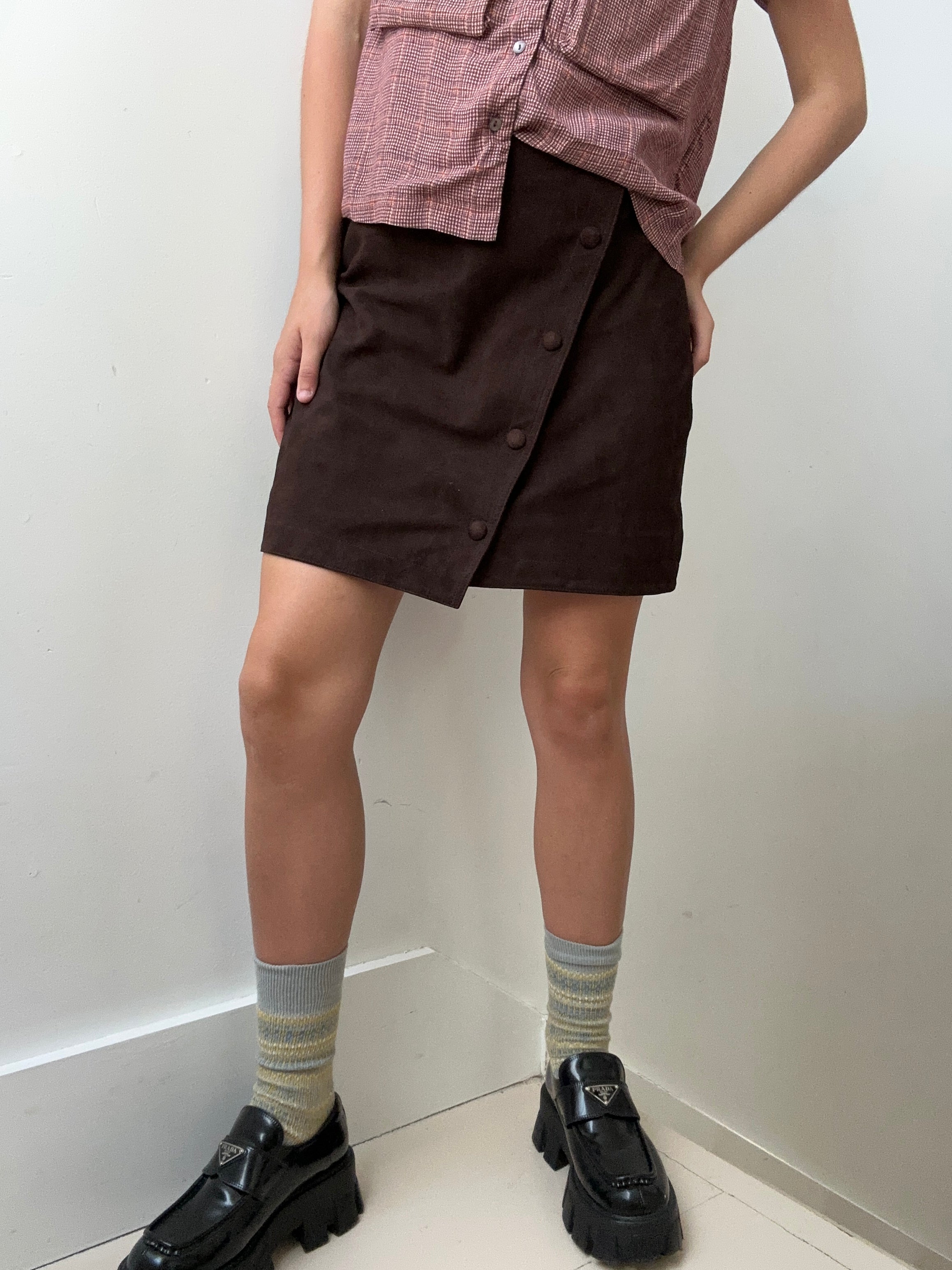 One Step Chocolate Suede Leather Skirt | Skirts