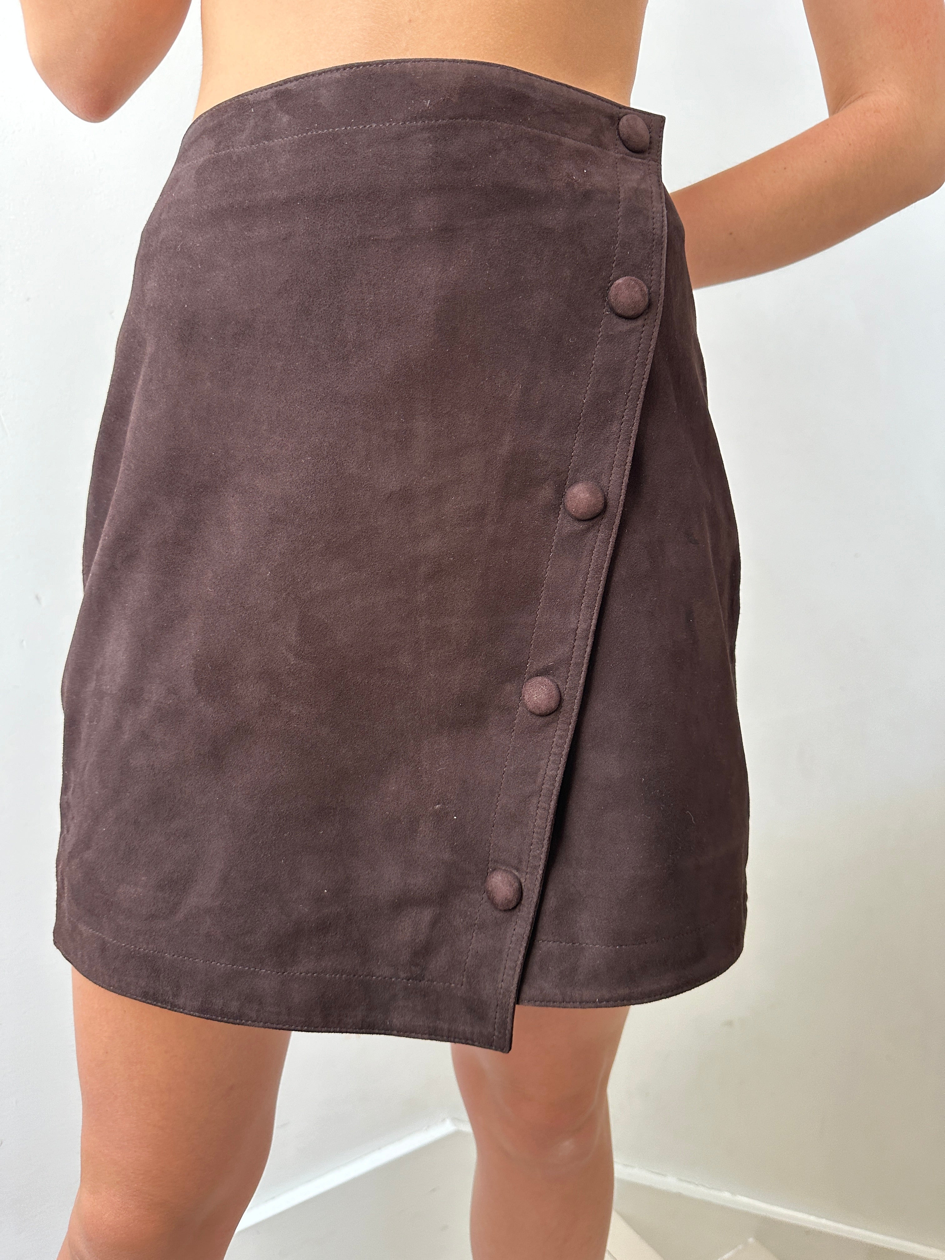 One Step Chocolate Suede Leather Skirt | Skirts