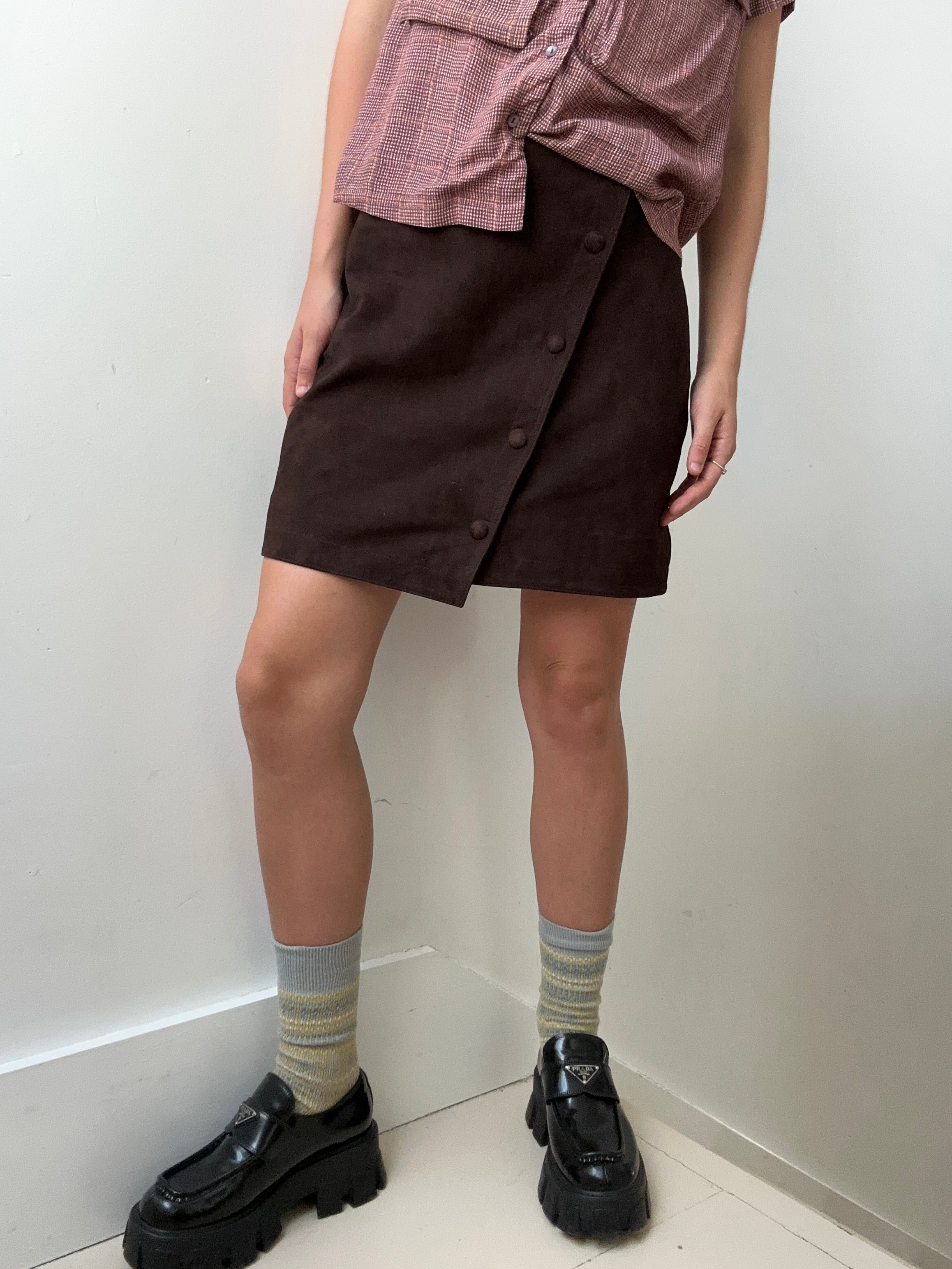 One Step Chocolate Suede Leather Skirt | Skirts