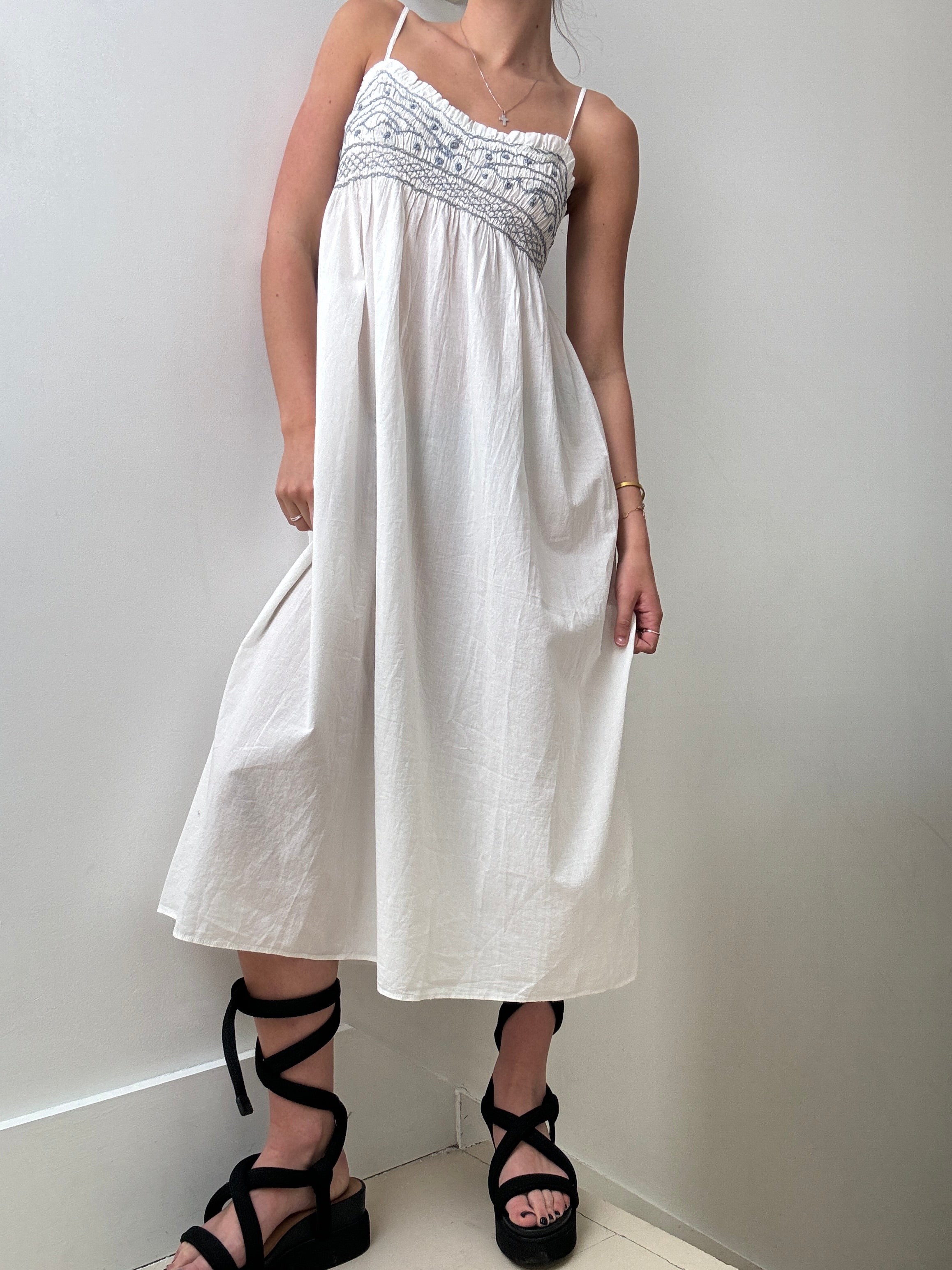 White Cotton Dress Blue Embroidered | Dresses