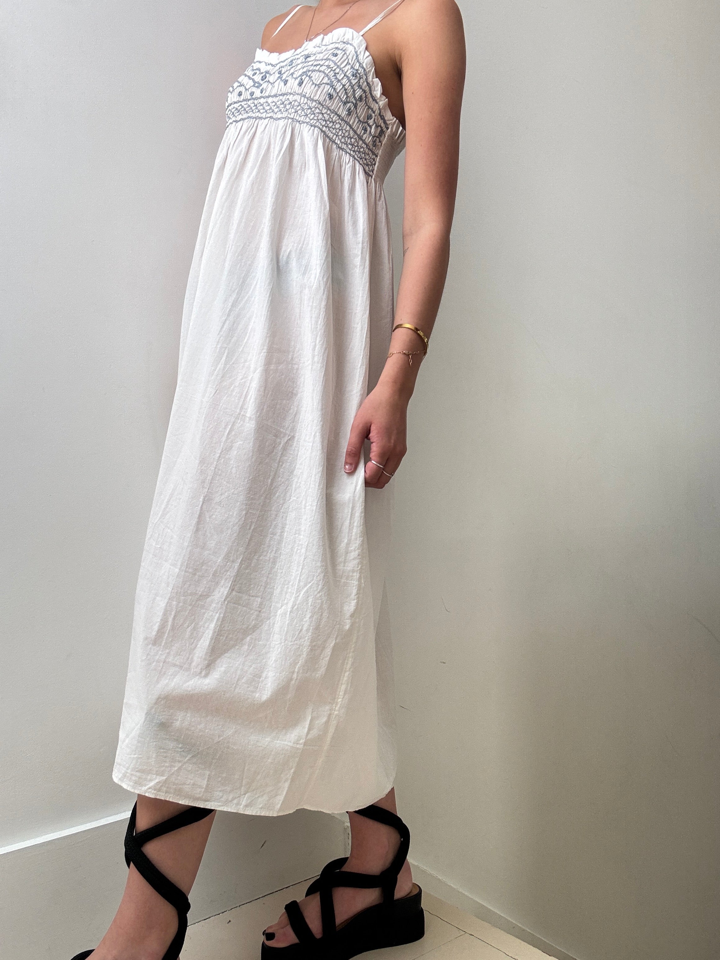 White Cotton Dress Blue Embroidered | Dresses