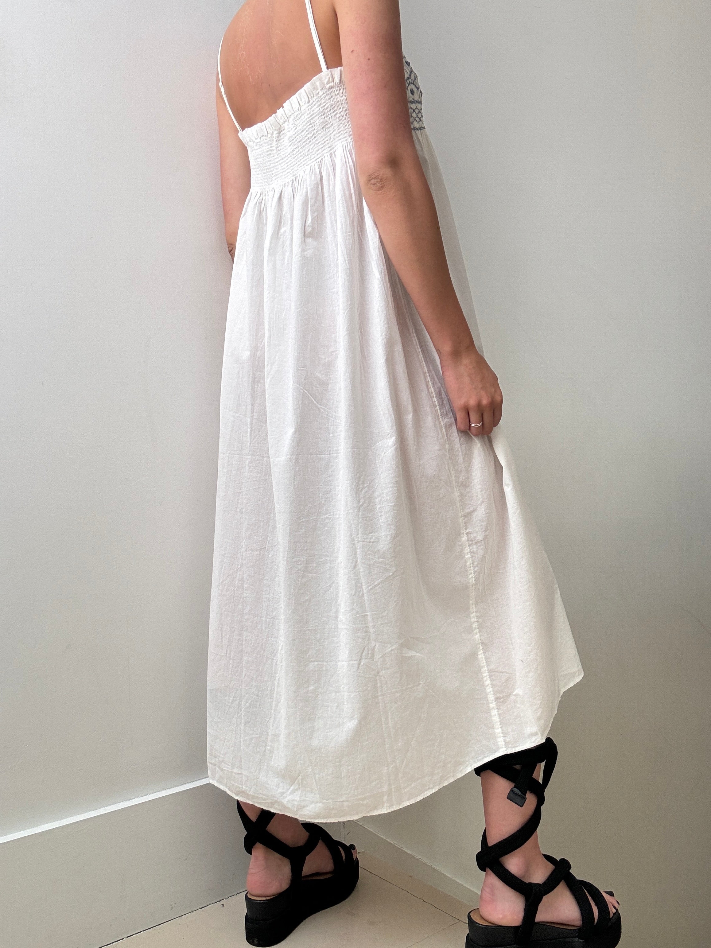 White Cotton Dress Blue Embroidered | Dresses