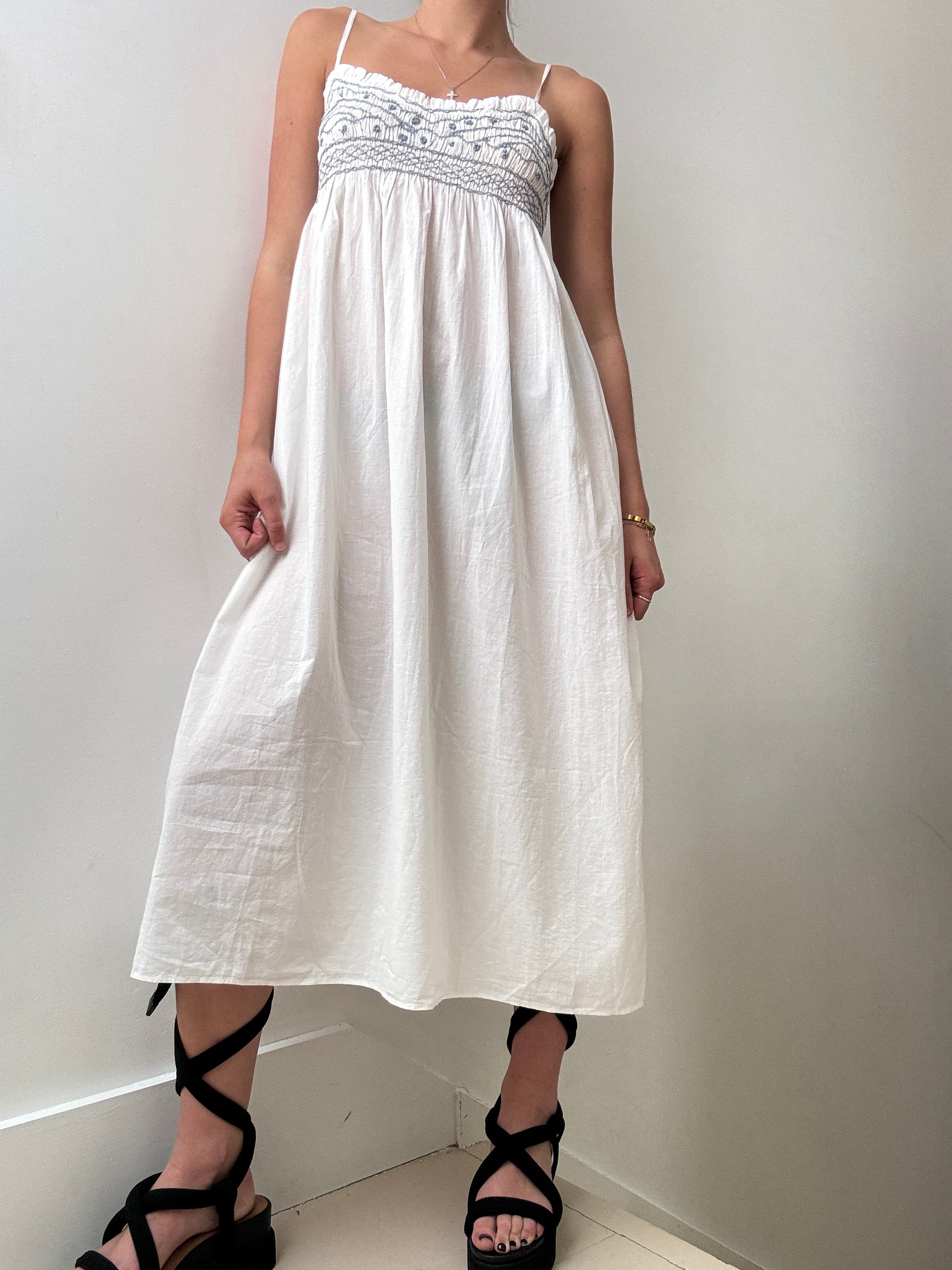 White Cotton Dress Blue Embroidered | Dresses