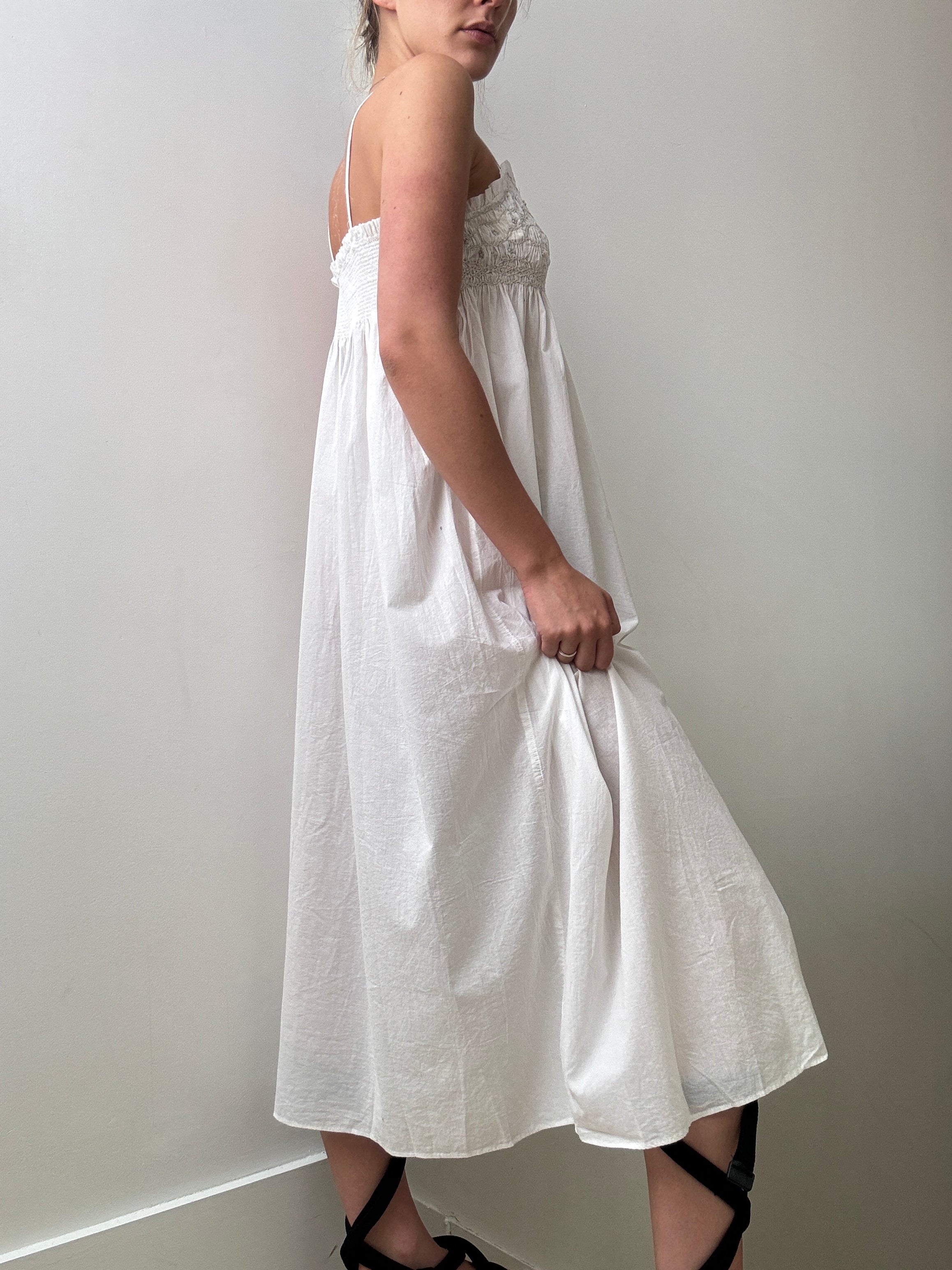 White Cotton Dress Grey Embroidered | Dresses