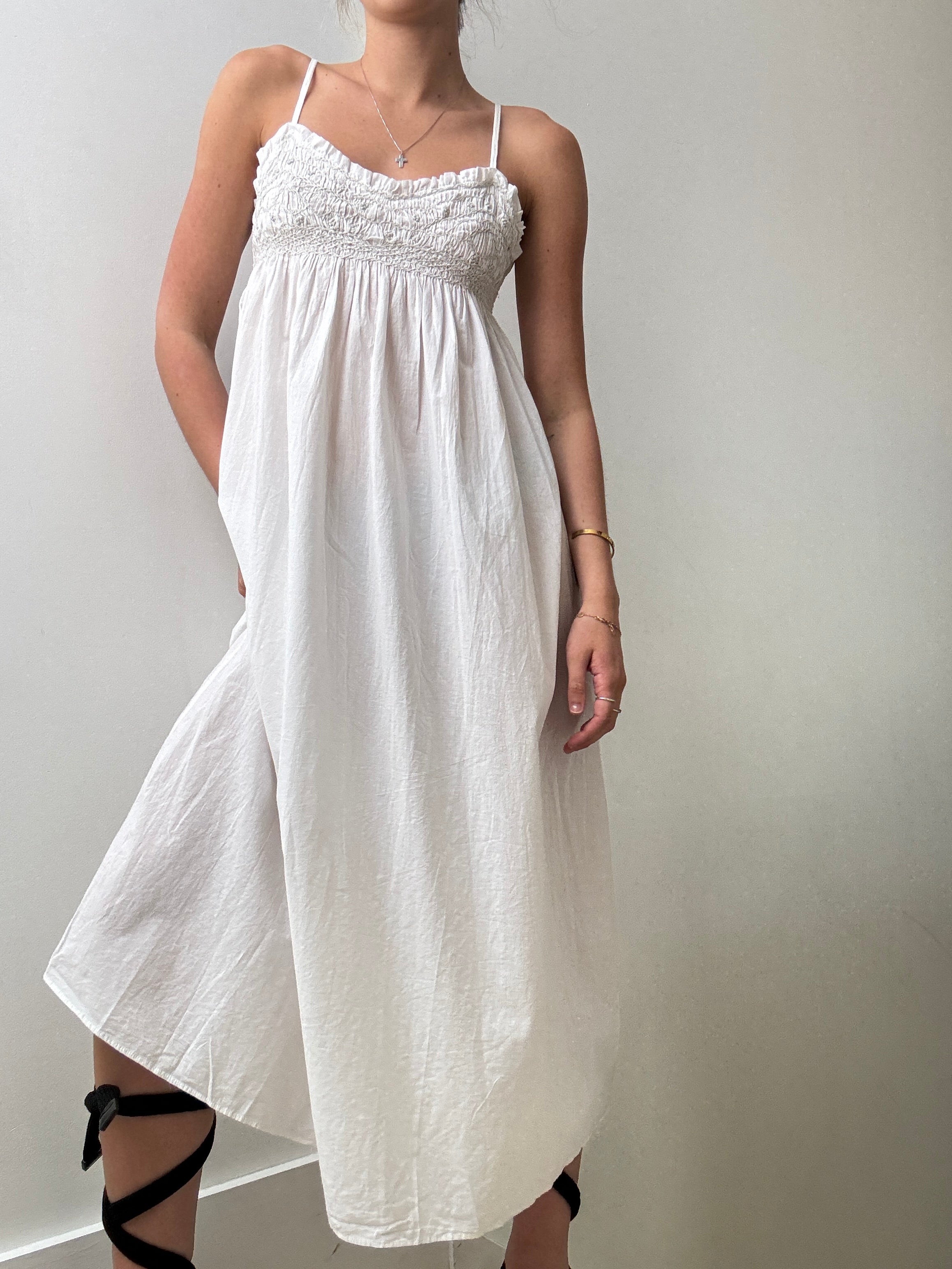 White Cotton Dress Grey Embroidered | Dresses