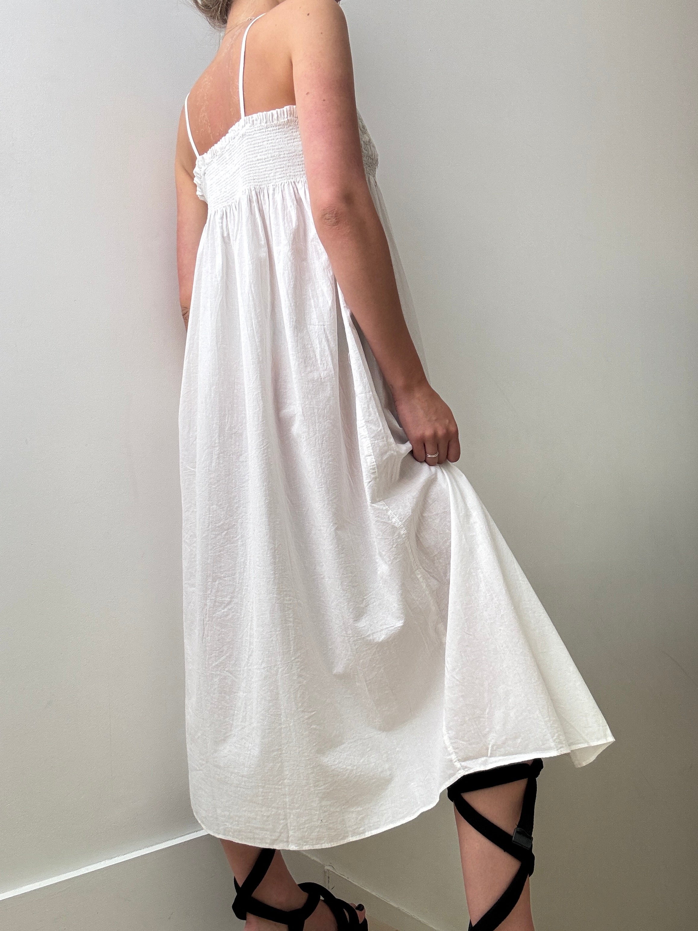 White Cotton Dress Grey Embroidered | Dresses