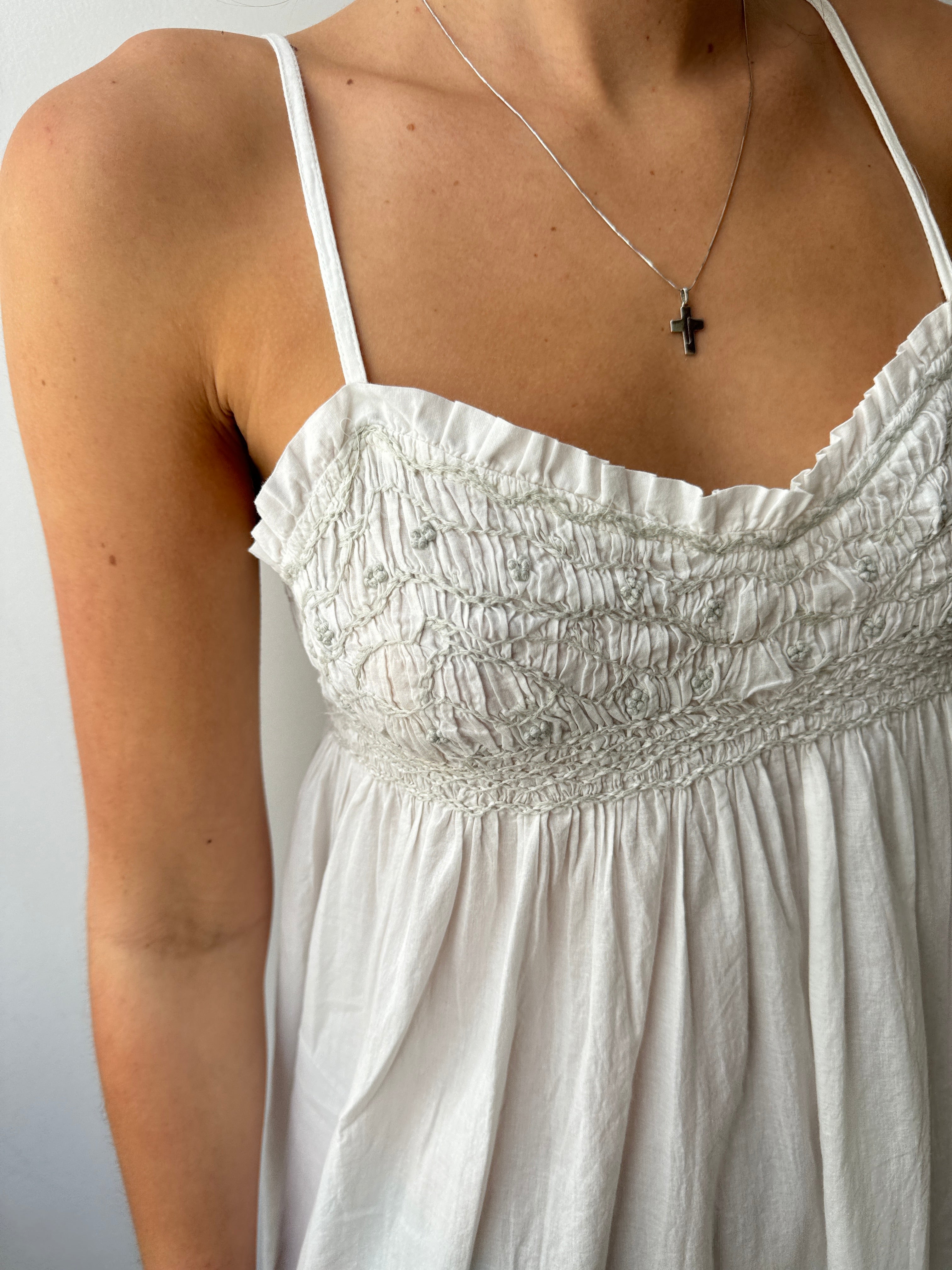 White Cotton Dress Grey Embroidered | Dresses