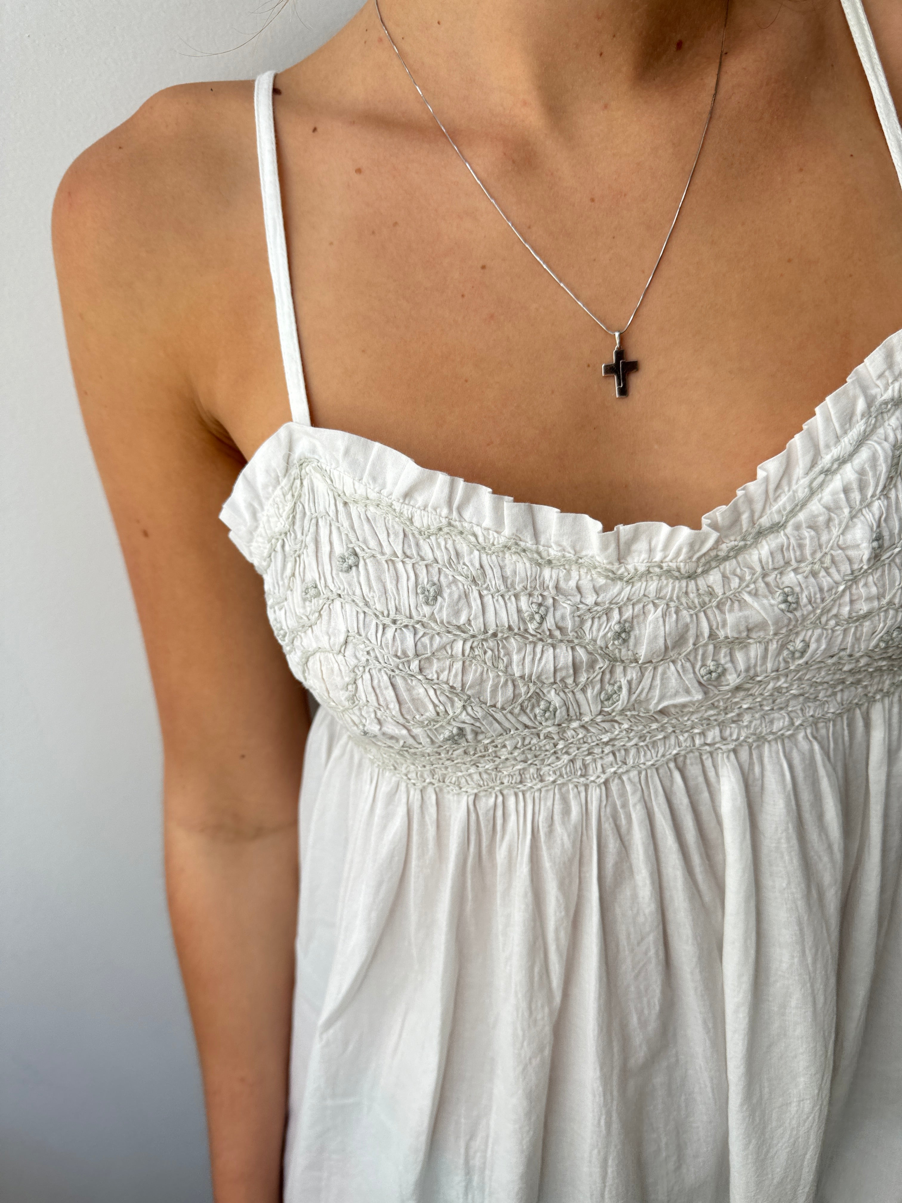 White Cotton Dress Grey Embroidered | Dresses