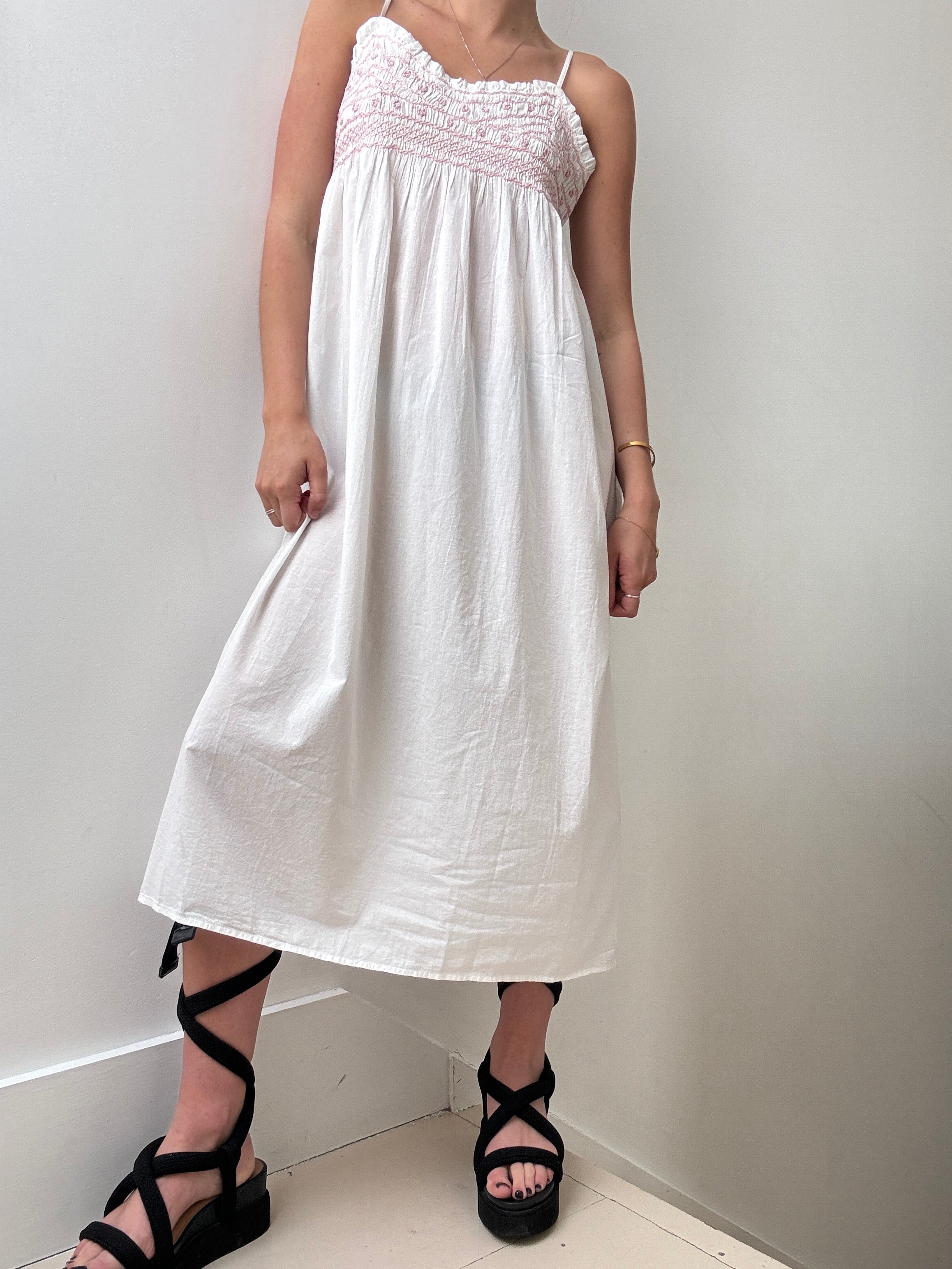 White Cotton Dress Pink Embroidered | Dresses