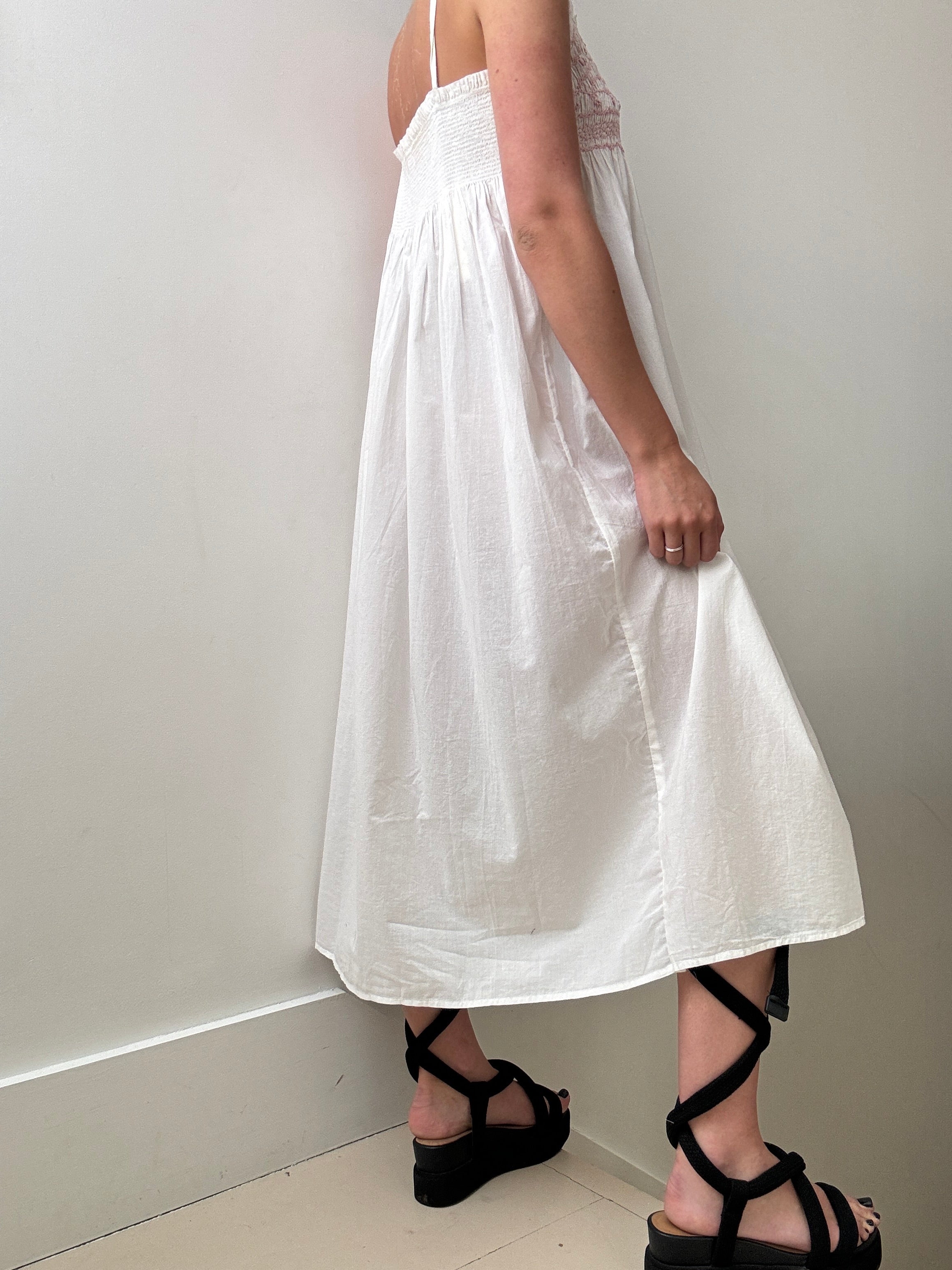 White Cotton Dress Pink Embroidered | Dresses