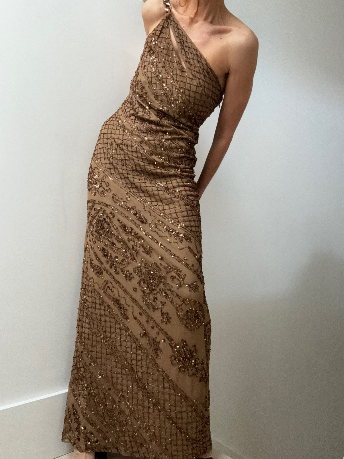 Ralph Lauren Chain Shoulder Bronze Sequin Gown | Jetsetbohemian