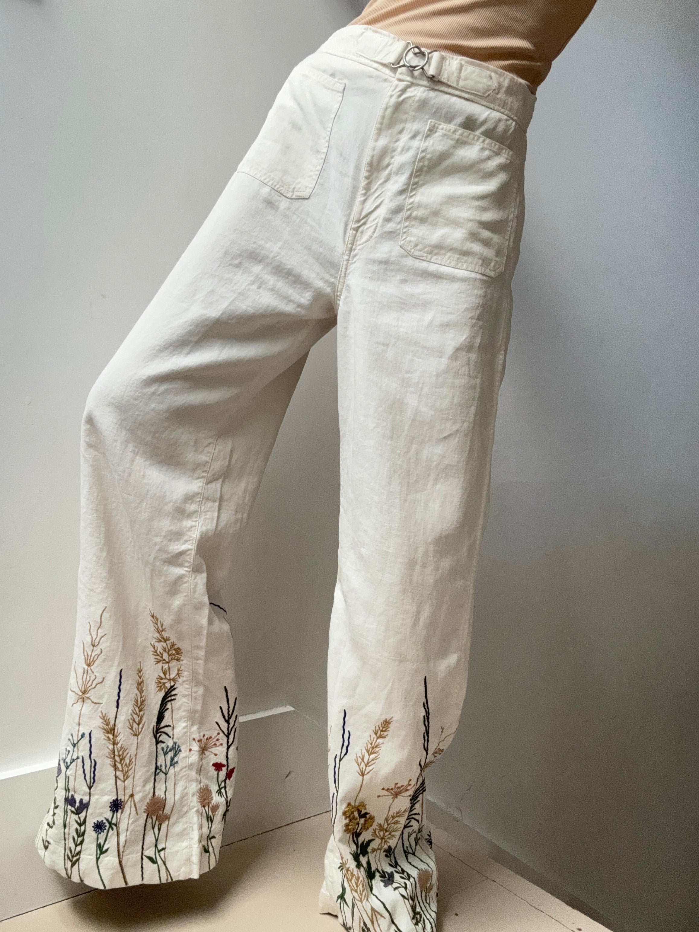 Embroidered Hemp Wide Leg Pant | Pants