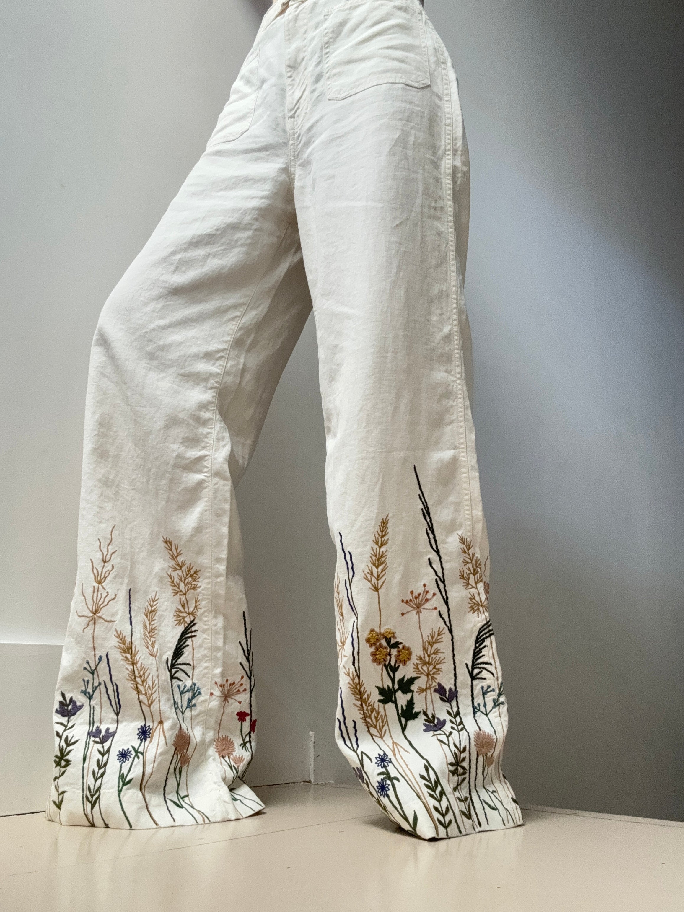 Embroidered Hemp Wide Leg Pant | Pants