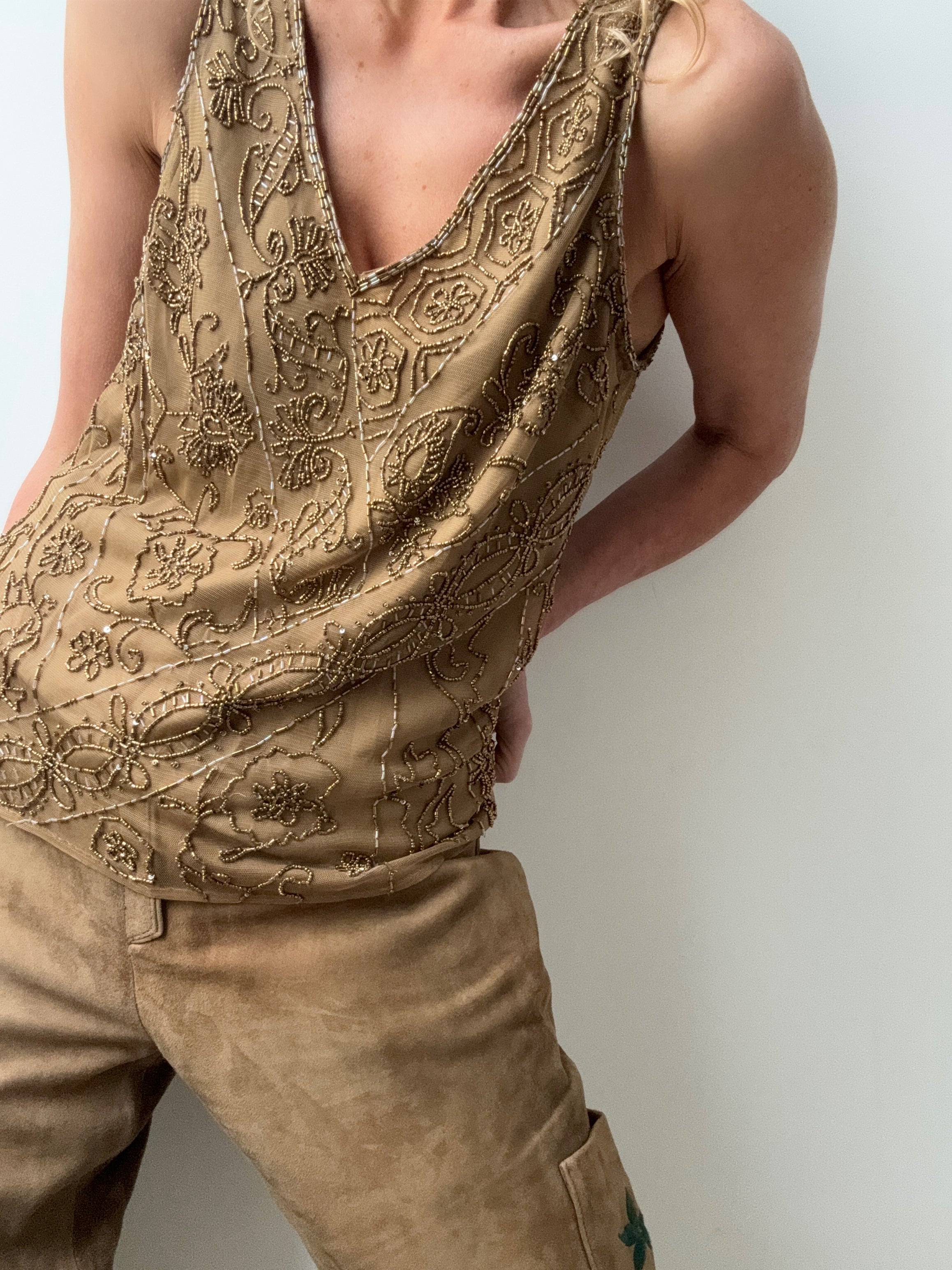 Ralph Lauren Tops Beaded Mesh Sleeveless Top Gold