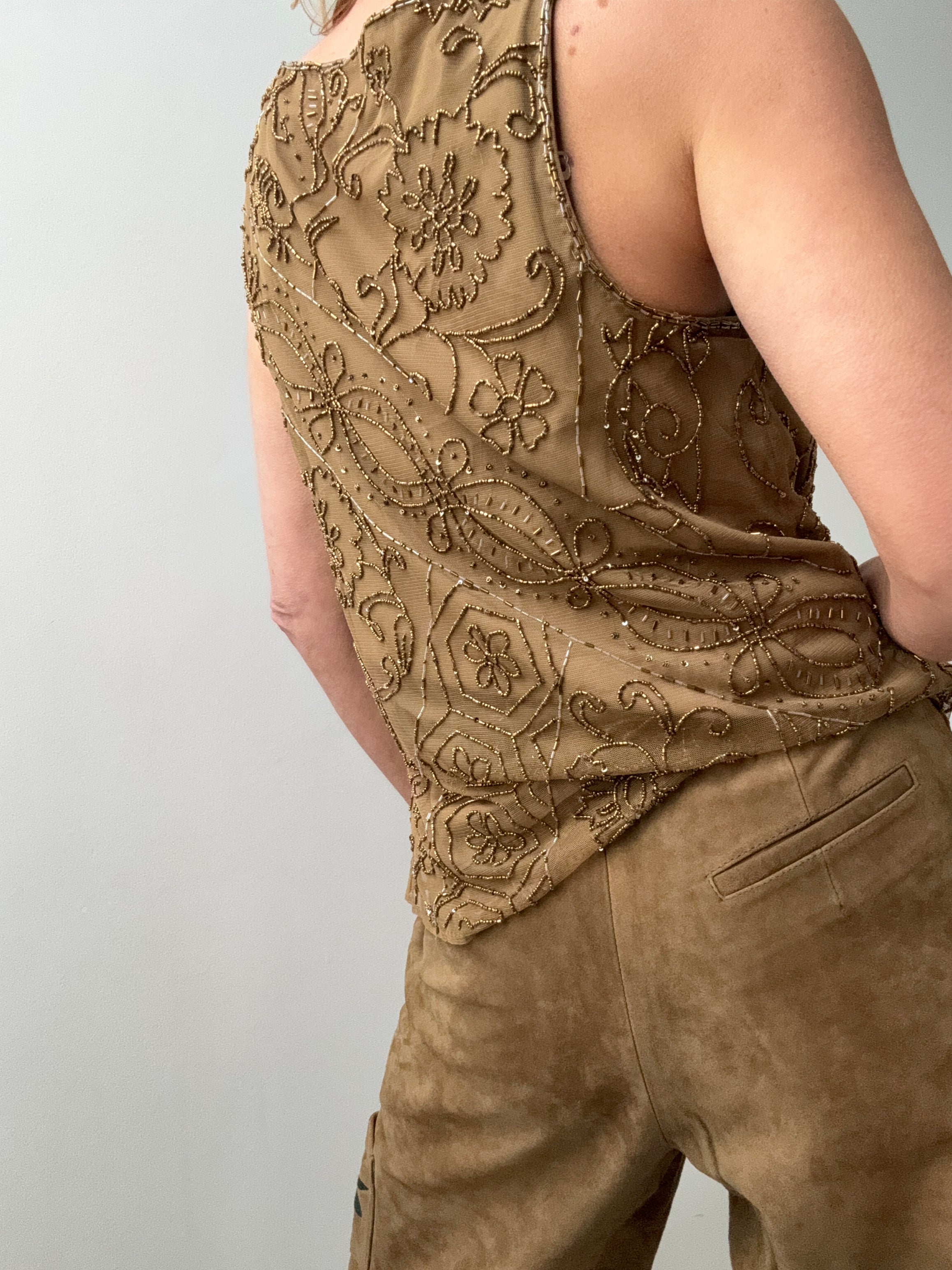 Ralph Lauren Tops Beaded Mesh Sleeveless Top Gold
