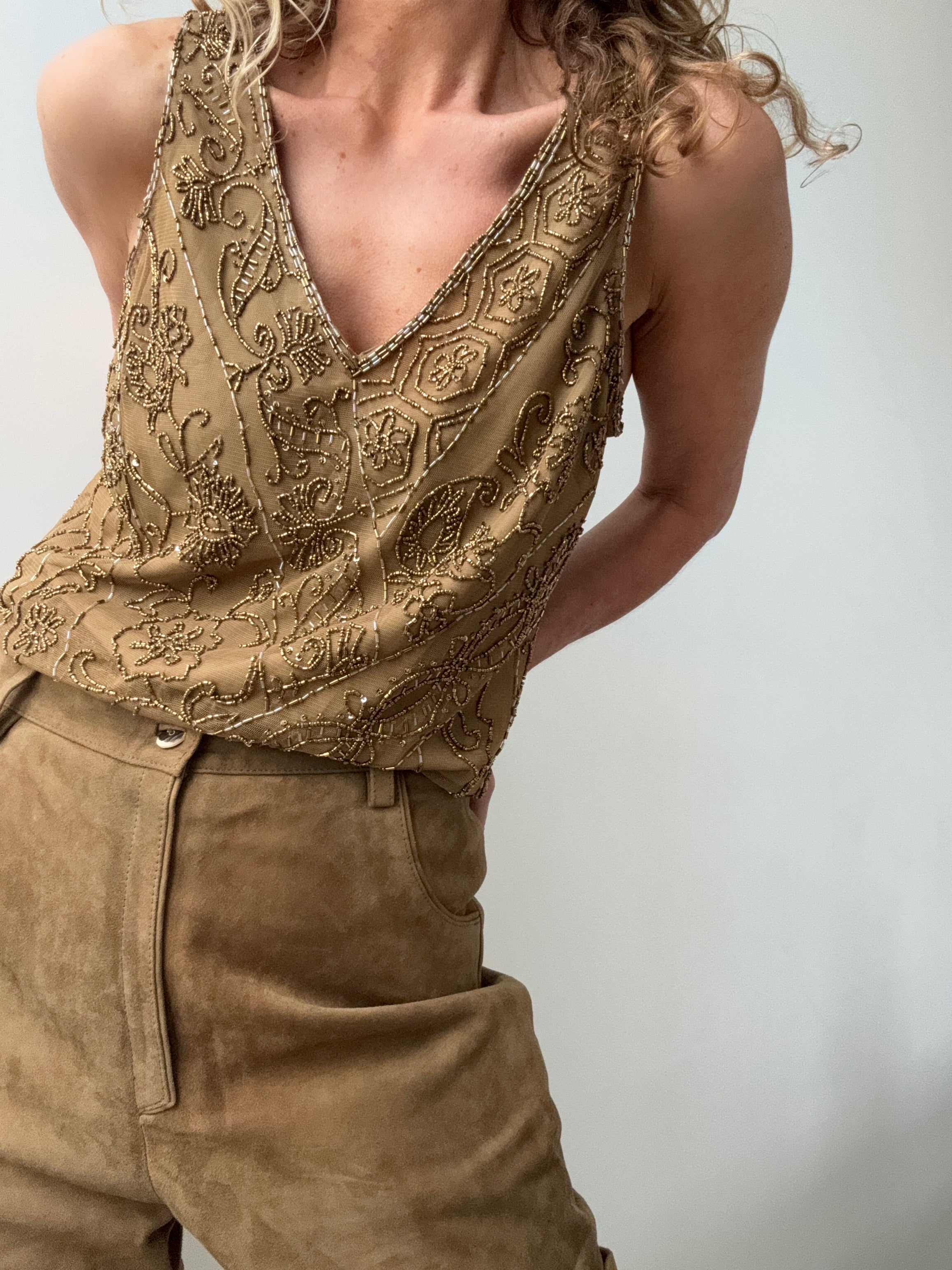 Ralph Lauren Tops Beaded Mesh Sleeveless Top Gold