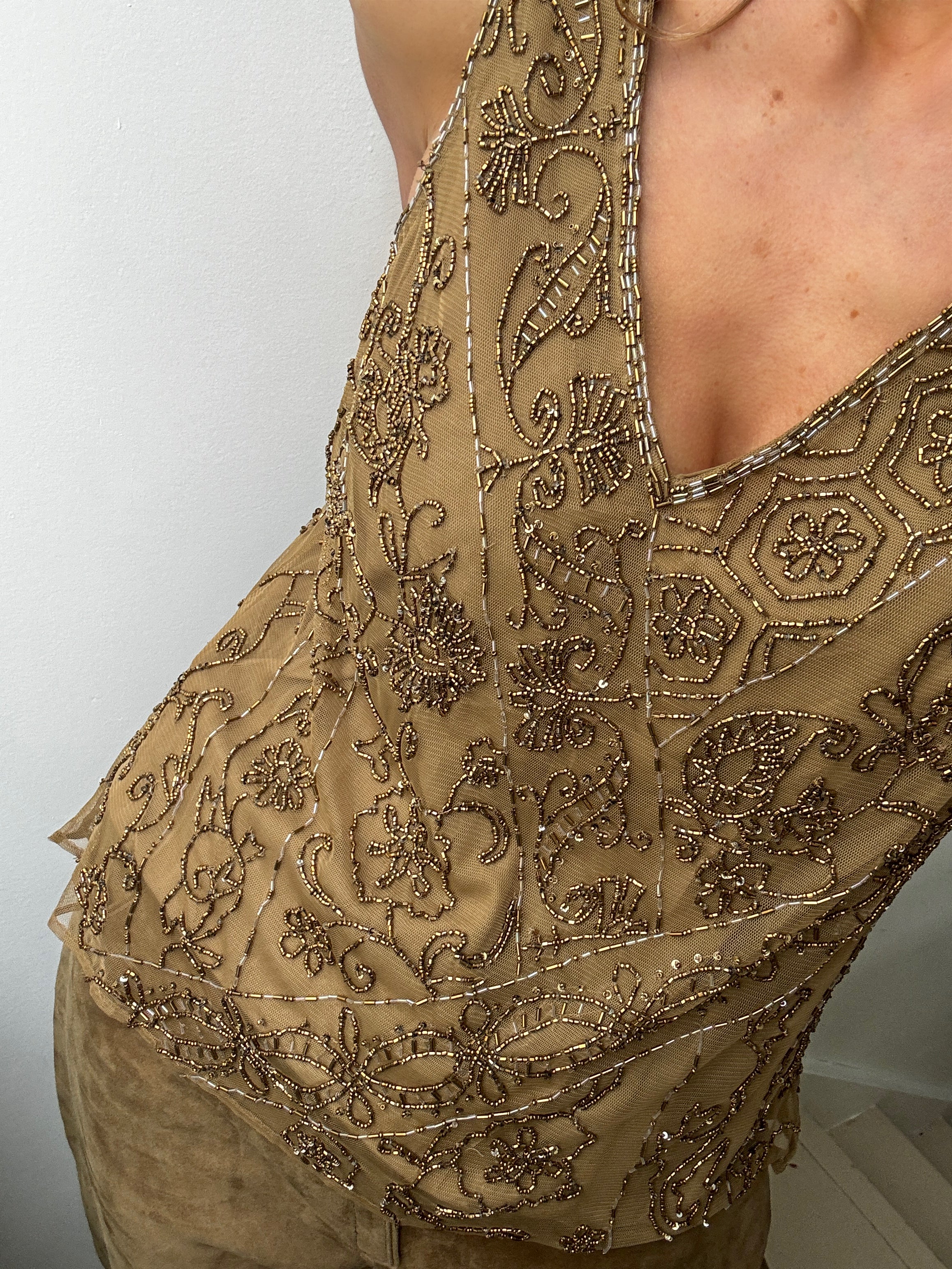 Ralph Lauren Tops Beaded Mesh Sleeveless Top Gold