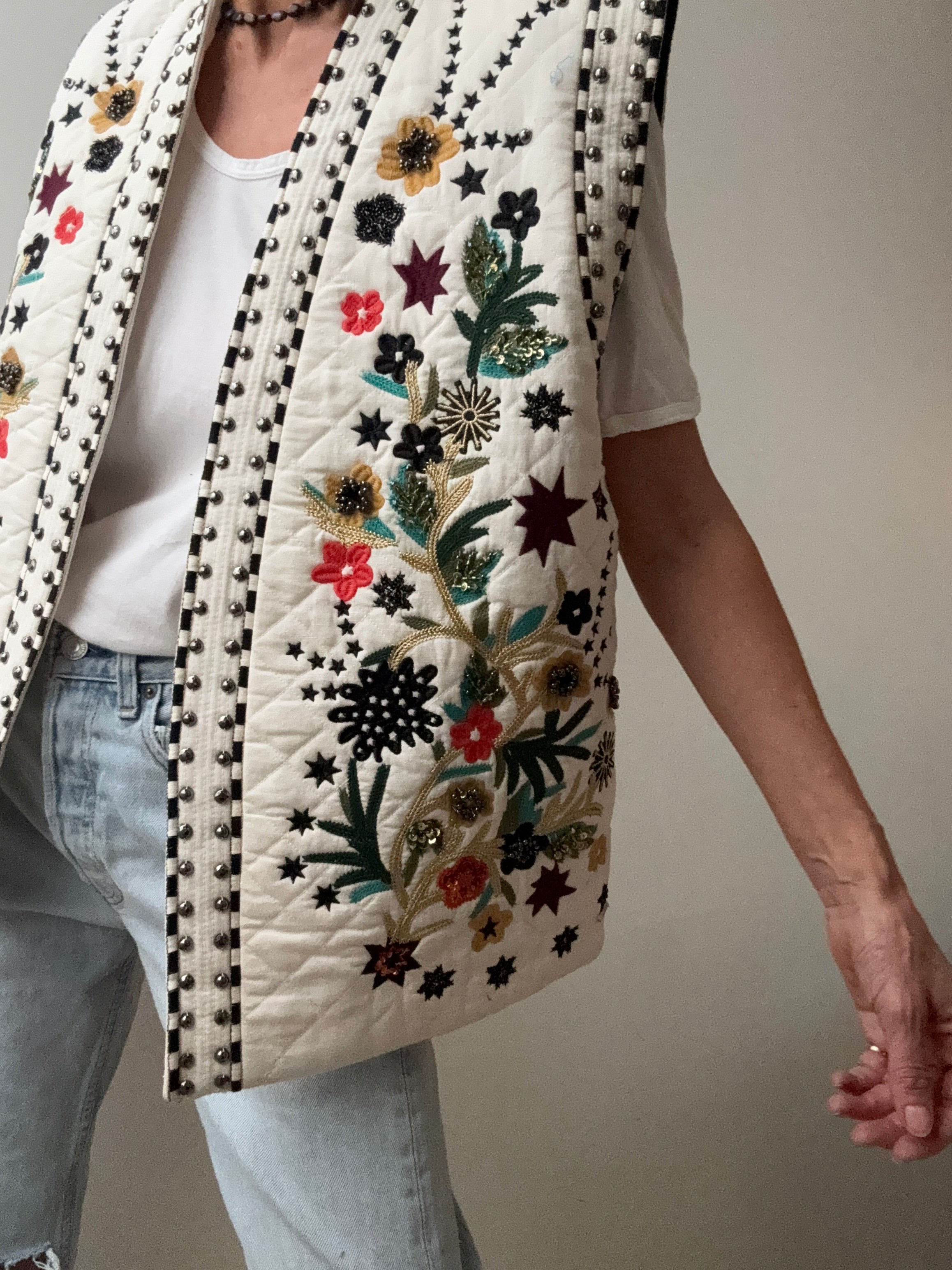 White Quilted Beaded Vest | Vests
