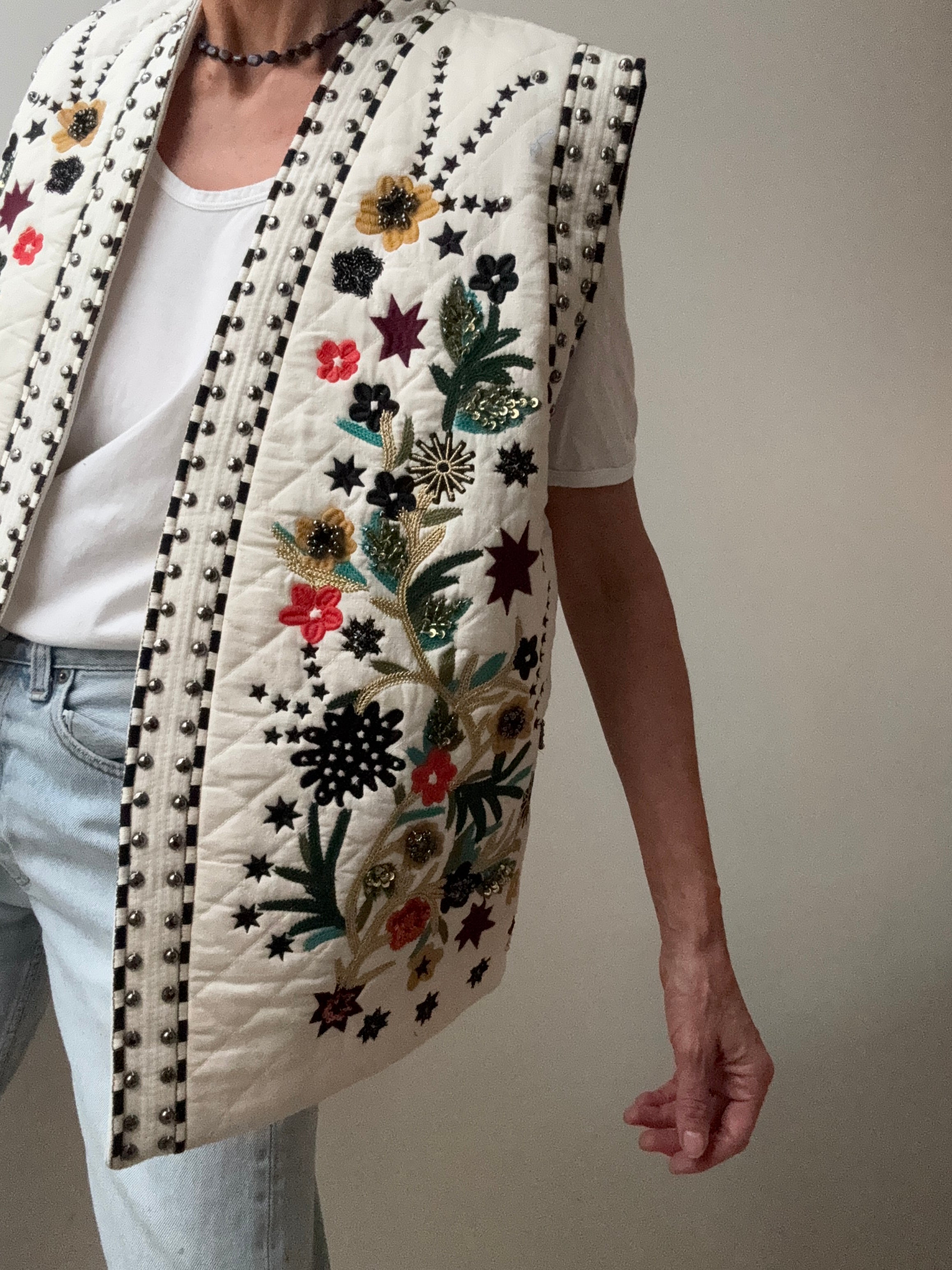 White Quilted Beaded Vest | Vests