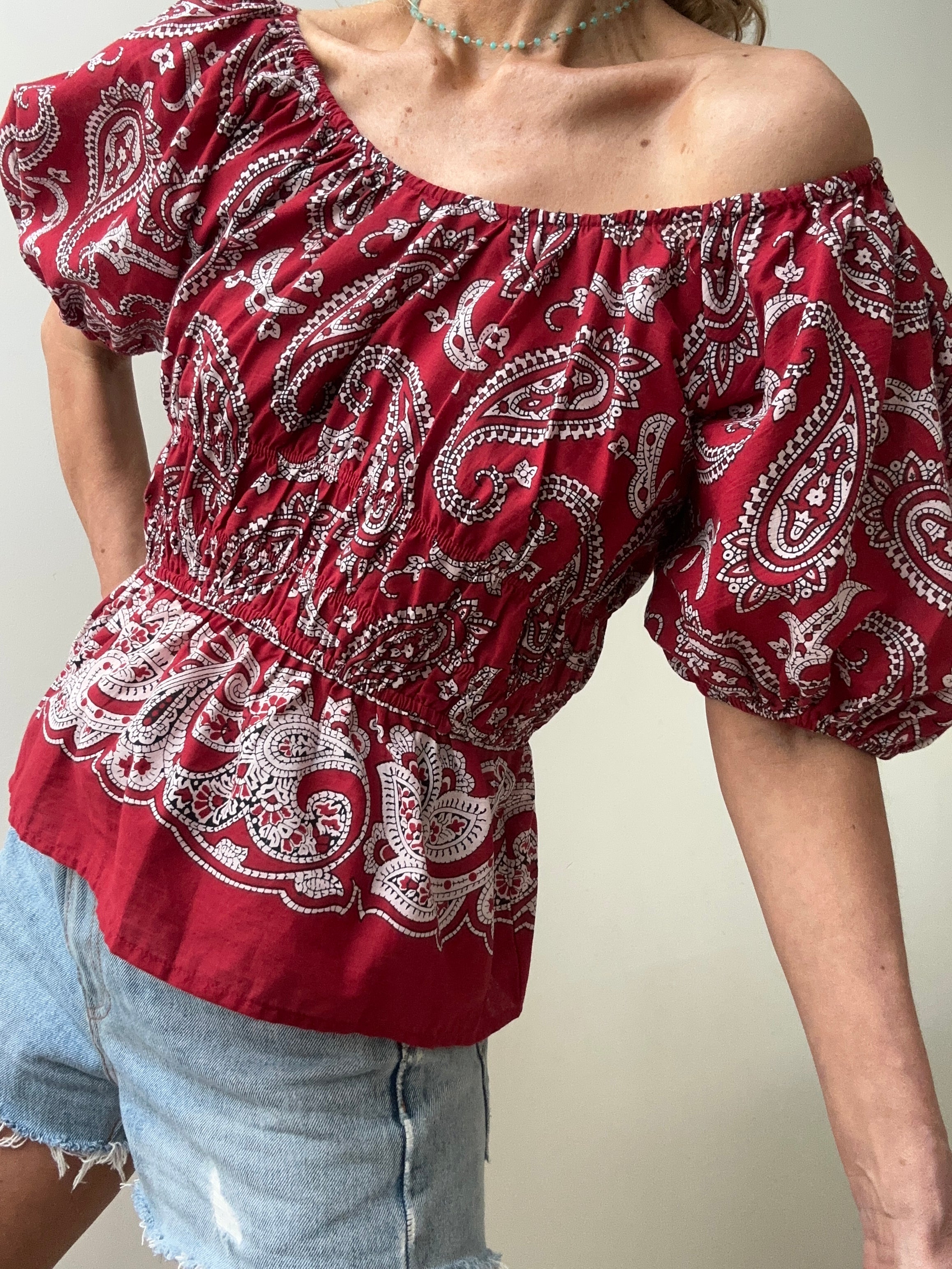 Block Print Shirred Sweetheart Top | Tops