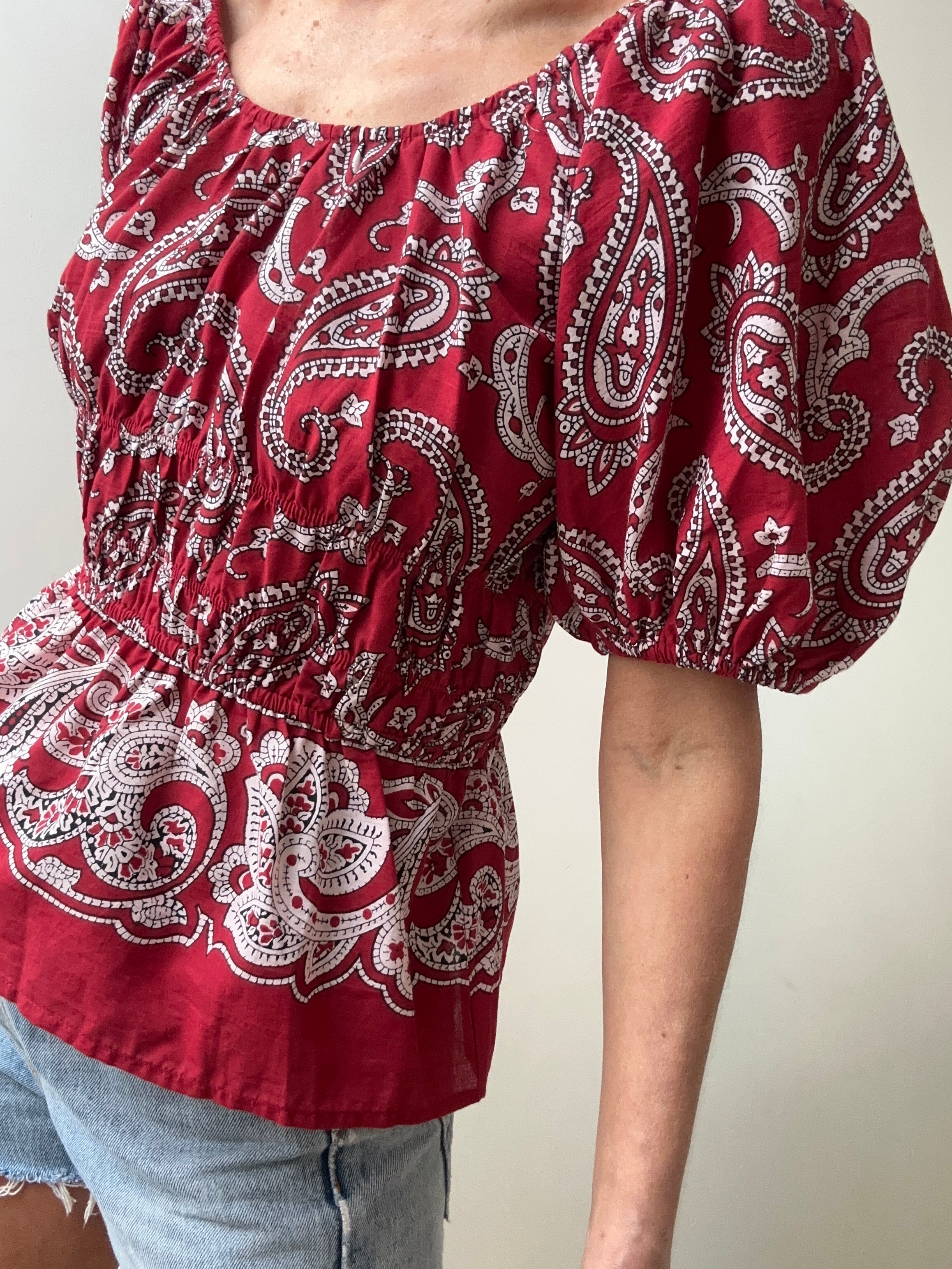 Block Print Shirred Sweetheart Top | Tops