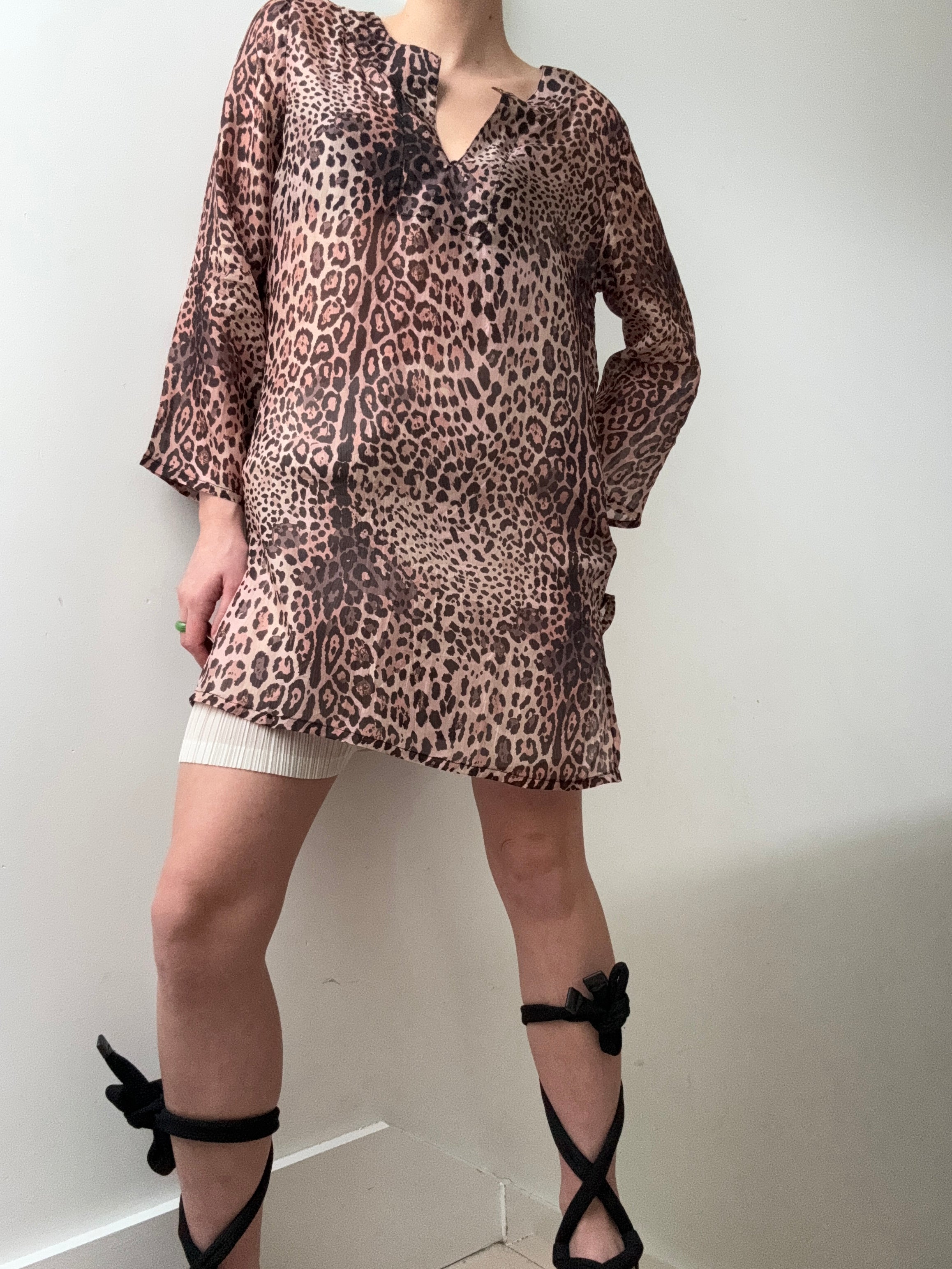 Handprinted Silk Kaftano Corto Leopard | Kaftans