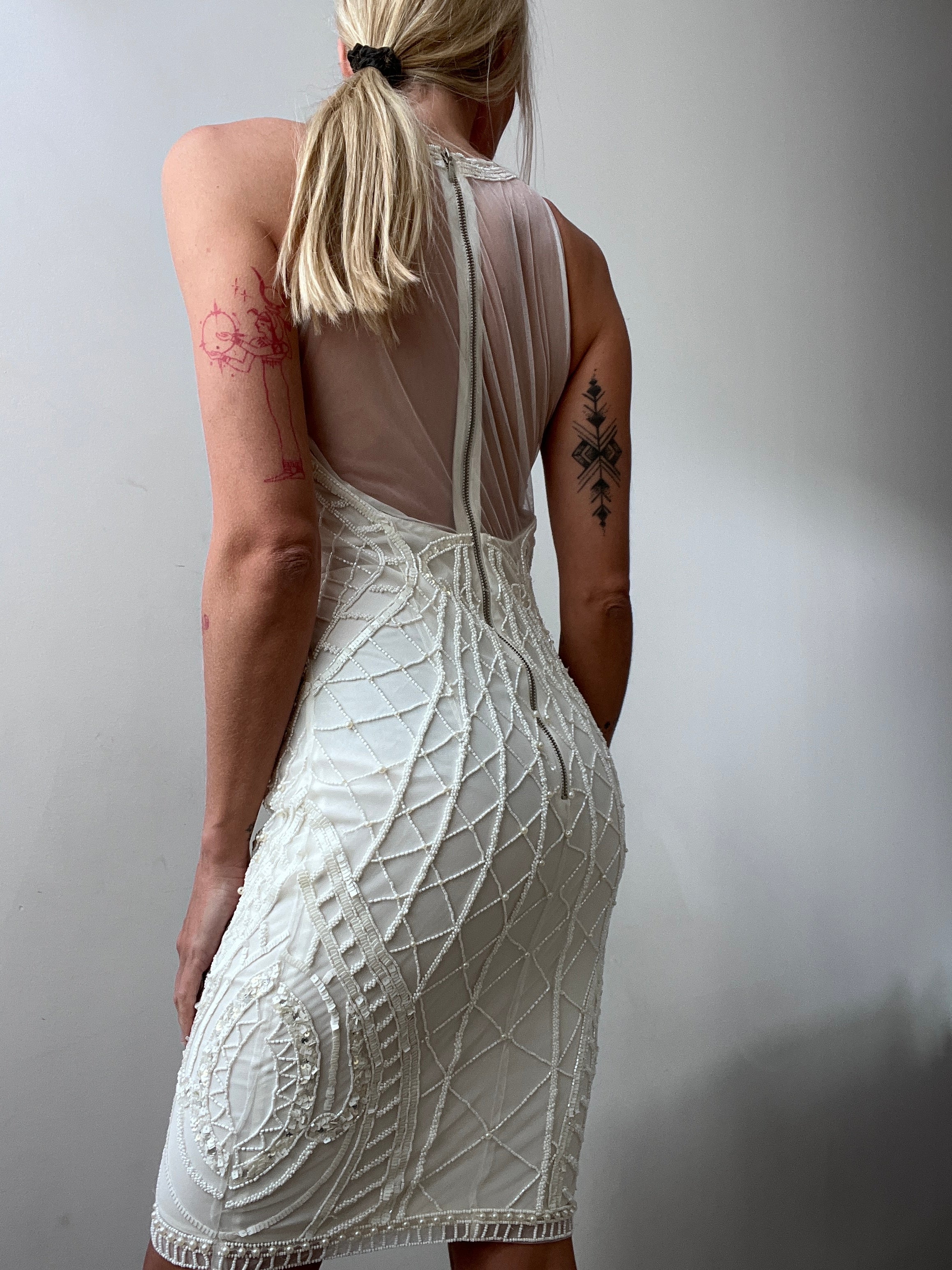 Mesh Back White Sequin Dress | Dresses