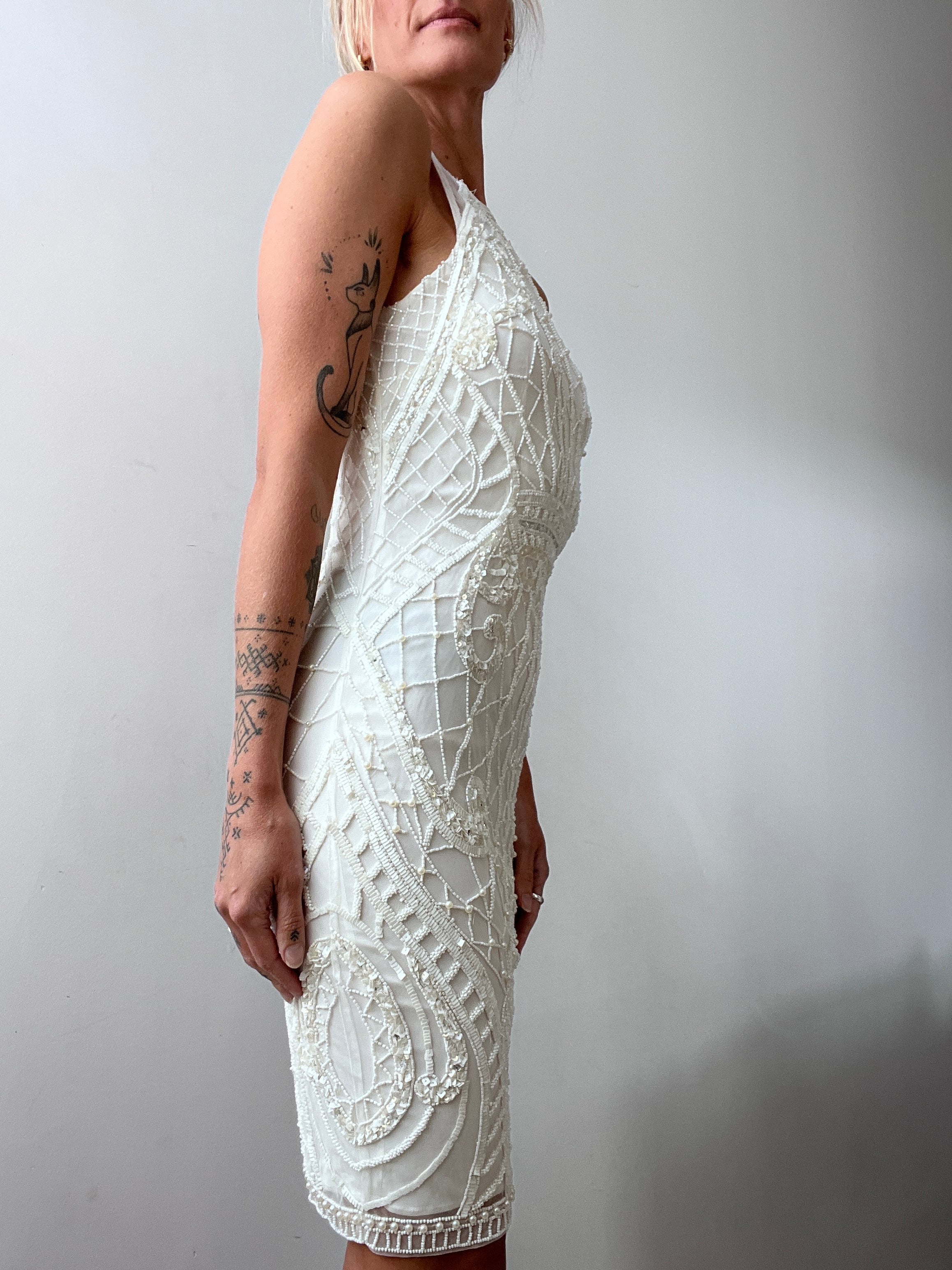 Mesh Back White Sequin Dress | Dresses