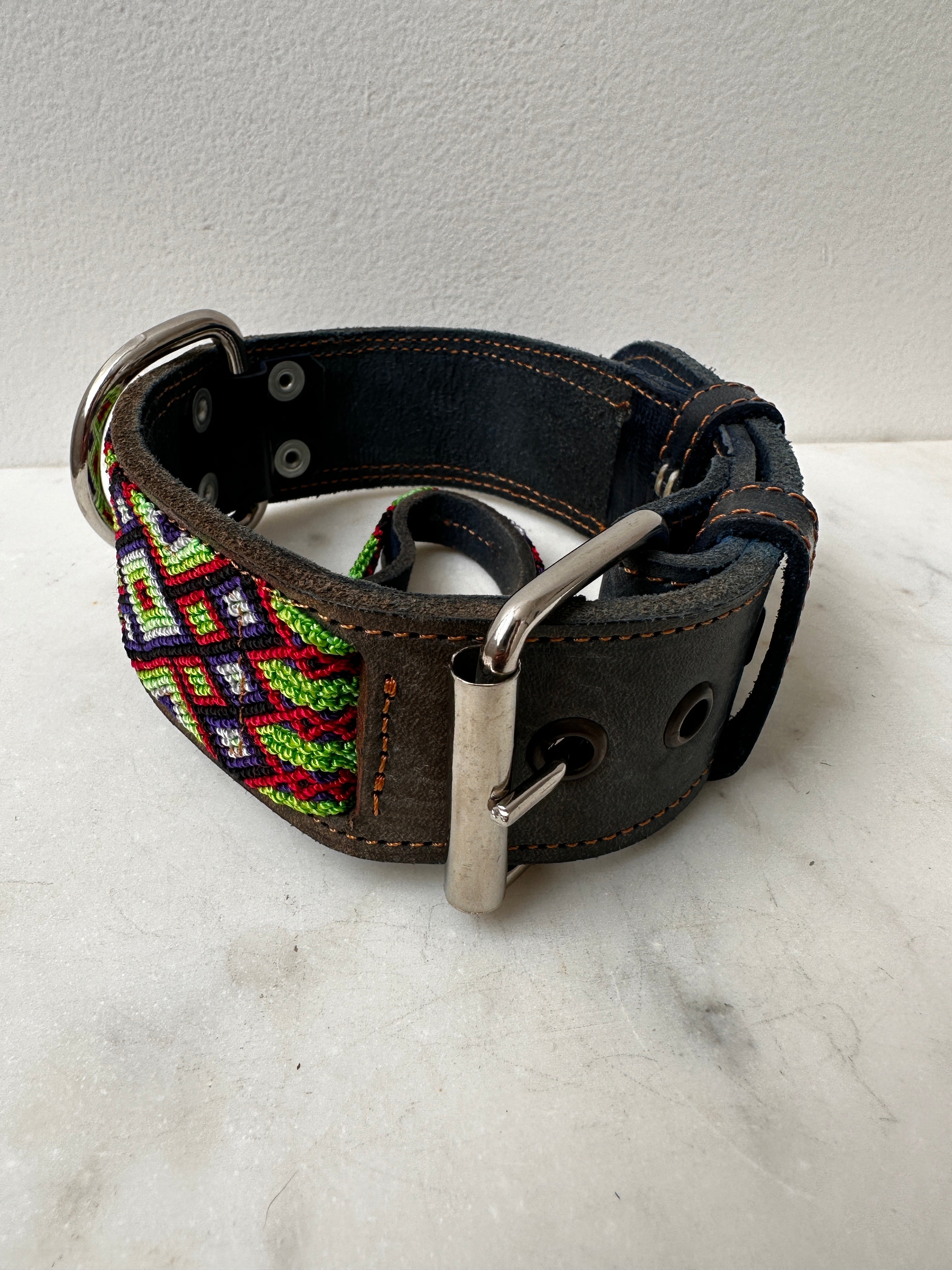 Future Nomads Homewares One Size Huichol Leather Wide Dog Collar M1