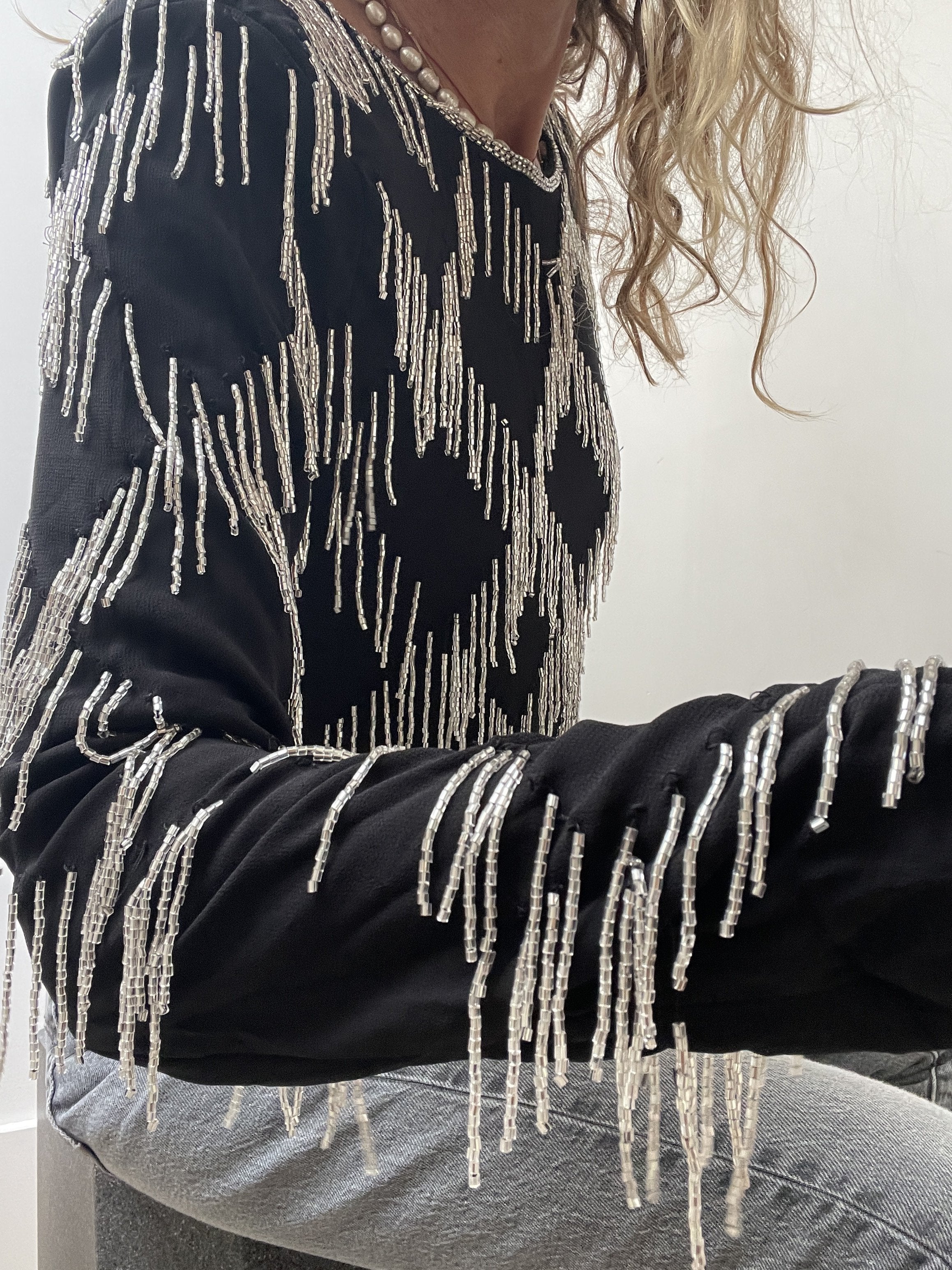 Black and Silver Sequin Tasseled Top | Tops