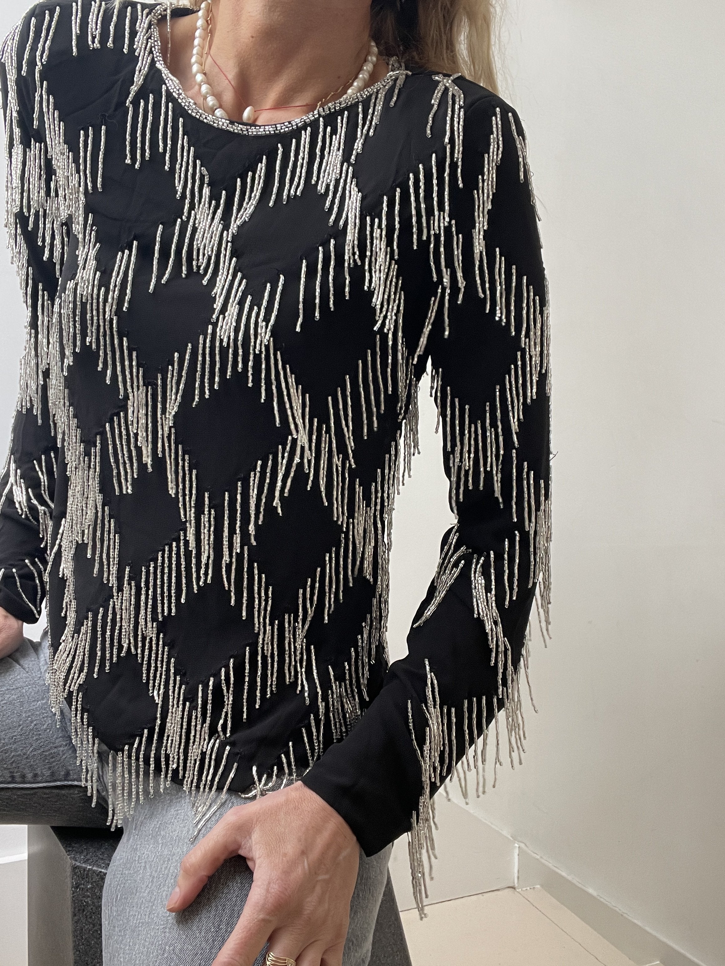 Black and Silver Sequin Tasseled Top | Tops