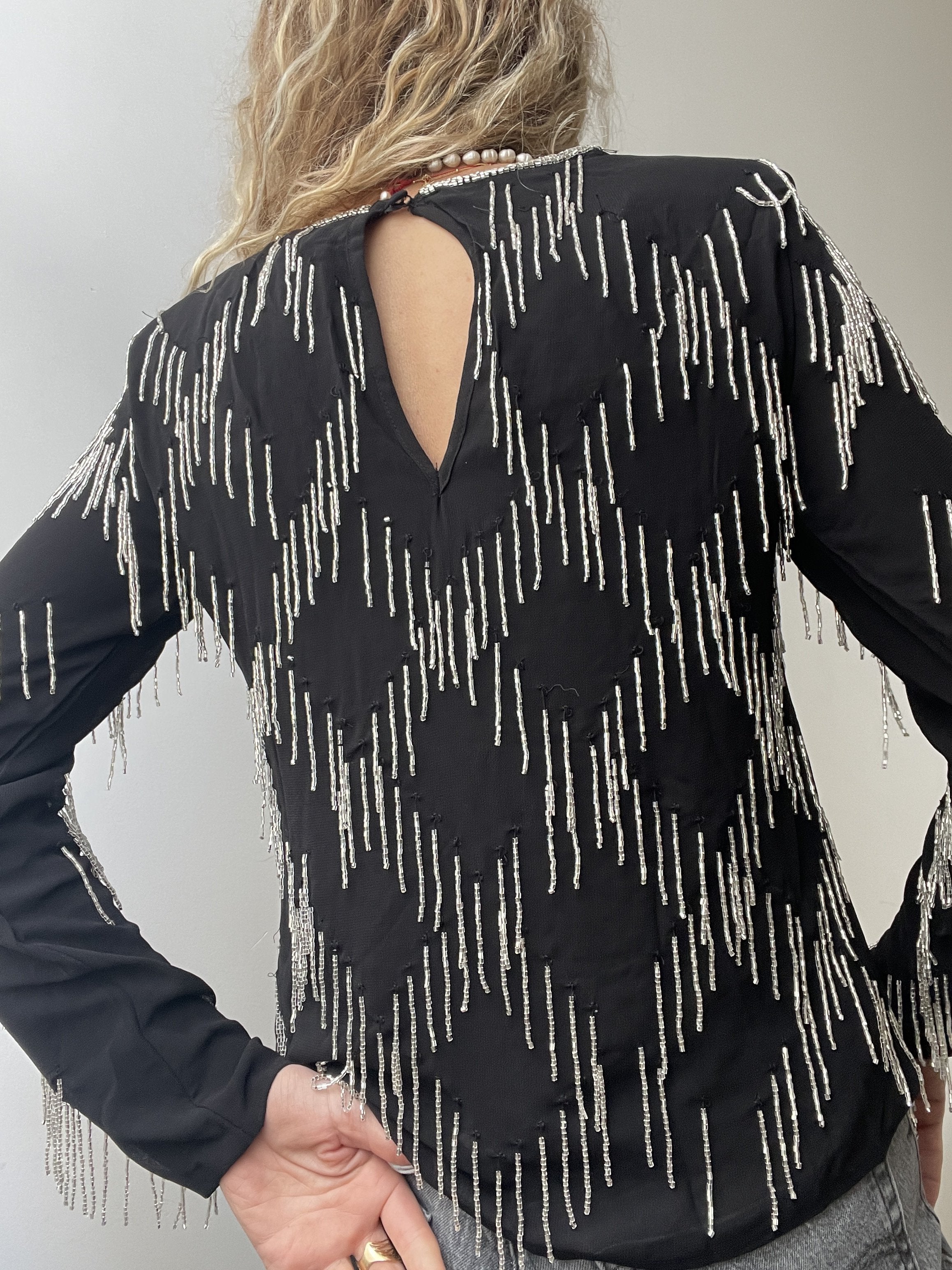 Black and Silver Sequin Tasseled Top | Tops