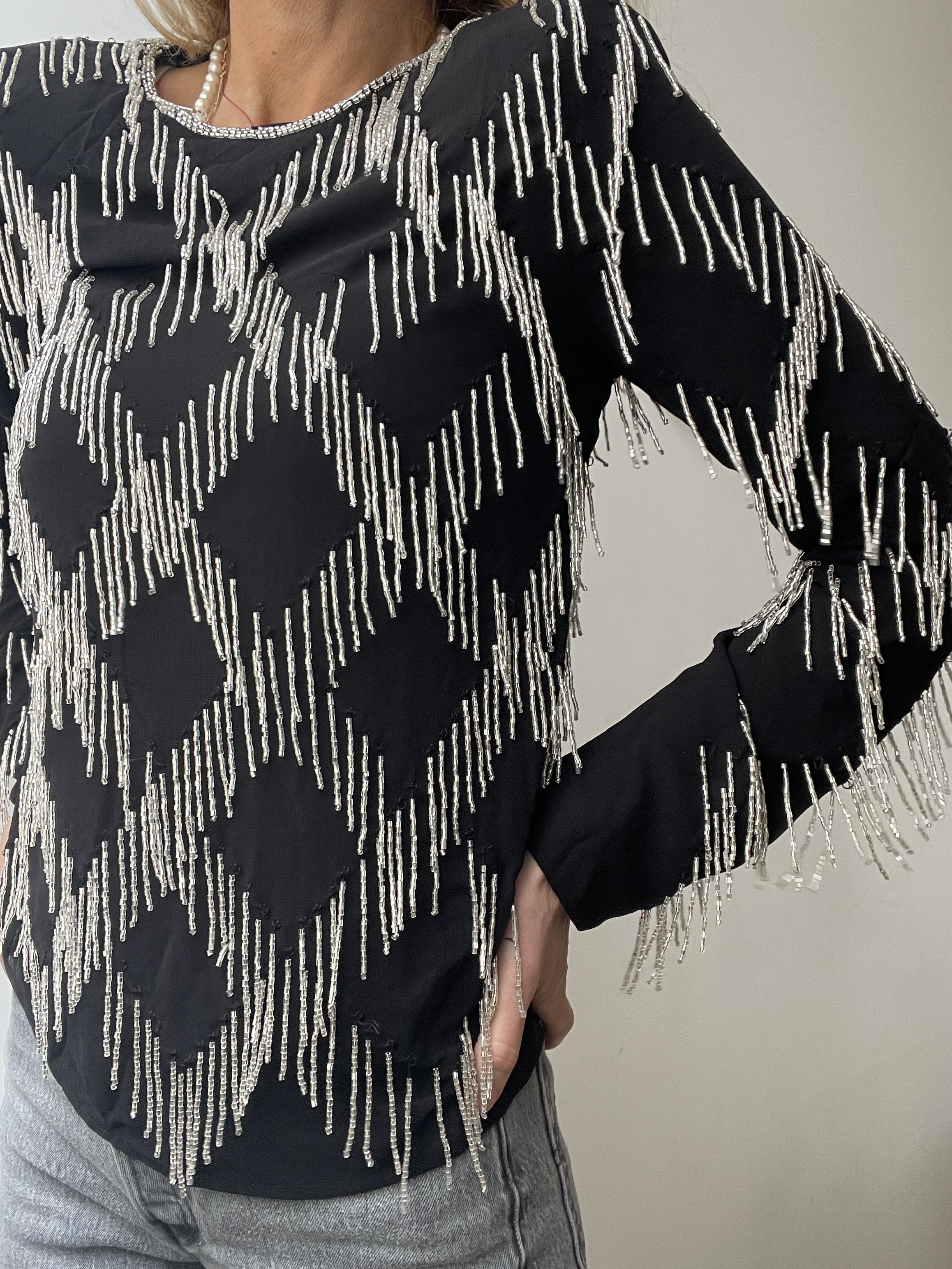 Black and Silver Sequin Tasseled Top | Tops