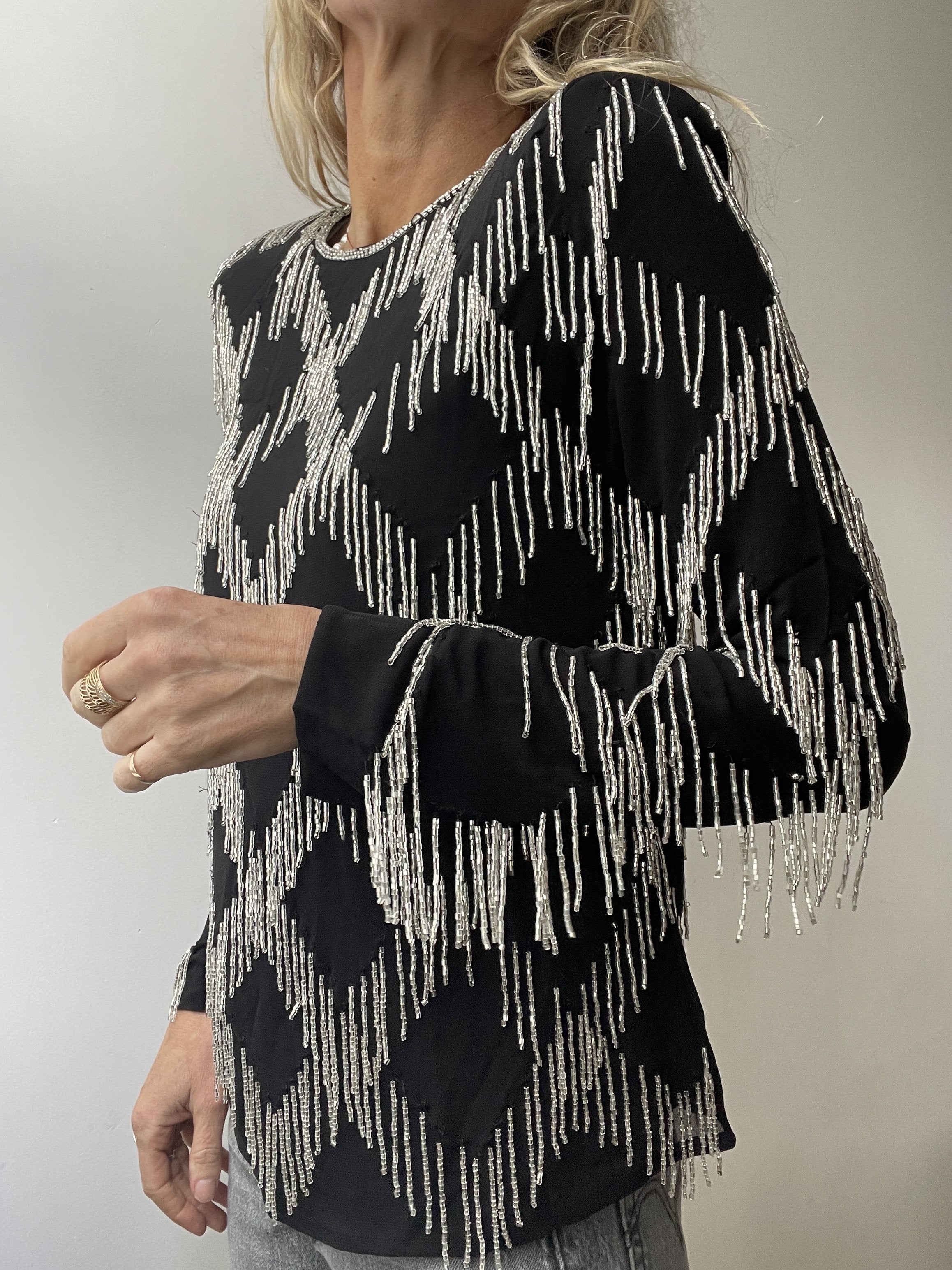 Black and Silver Sequin Tasseled Top | Tops