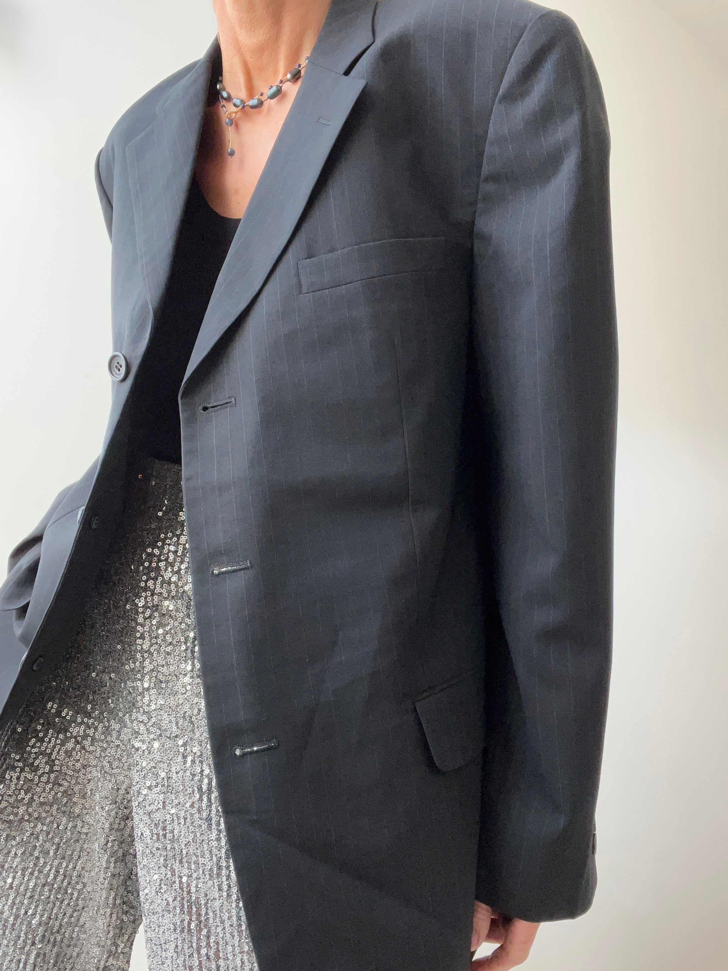 Classic Black Pinstriped Blazer | Jackets