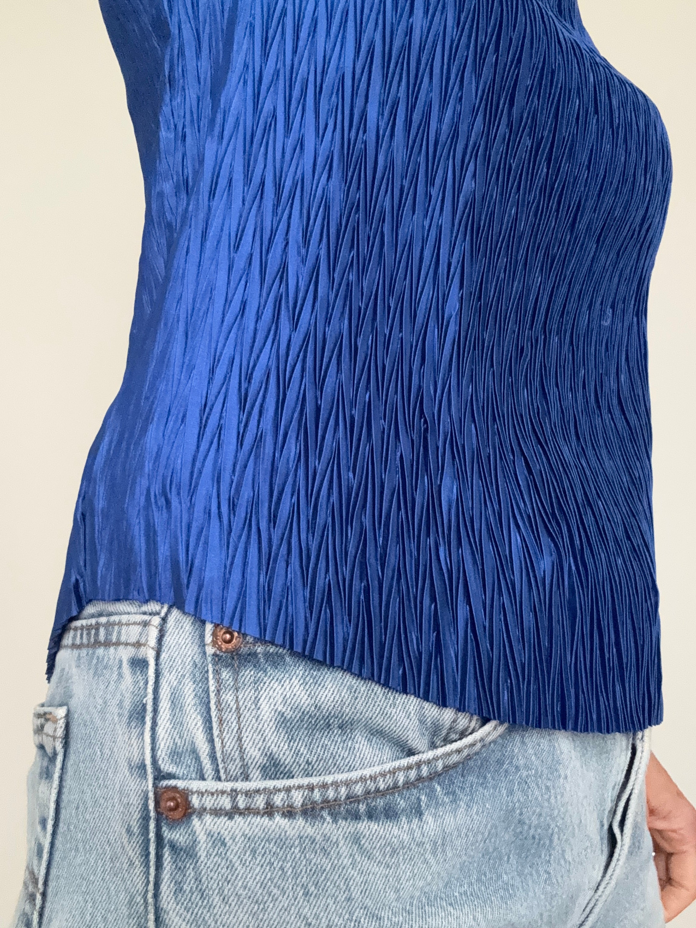 High Neck Crinkle Top Cerulean