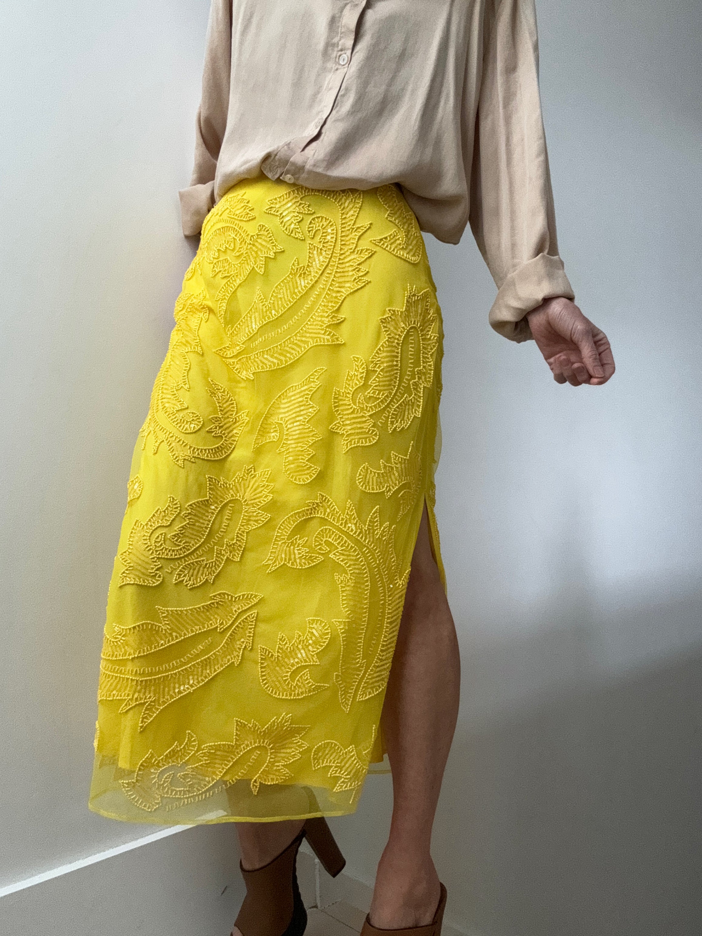 Beaded Mesh Midi Skirt Lemon Daffodil