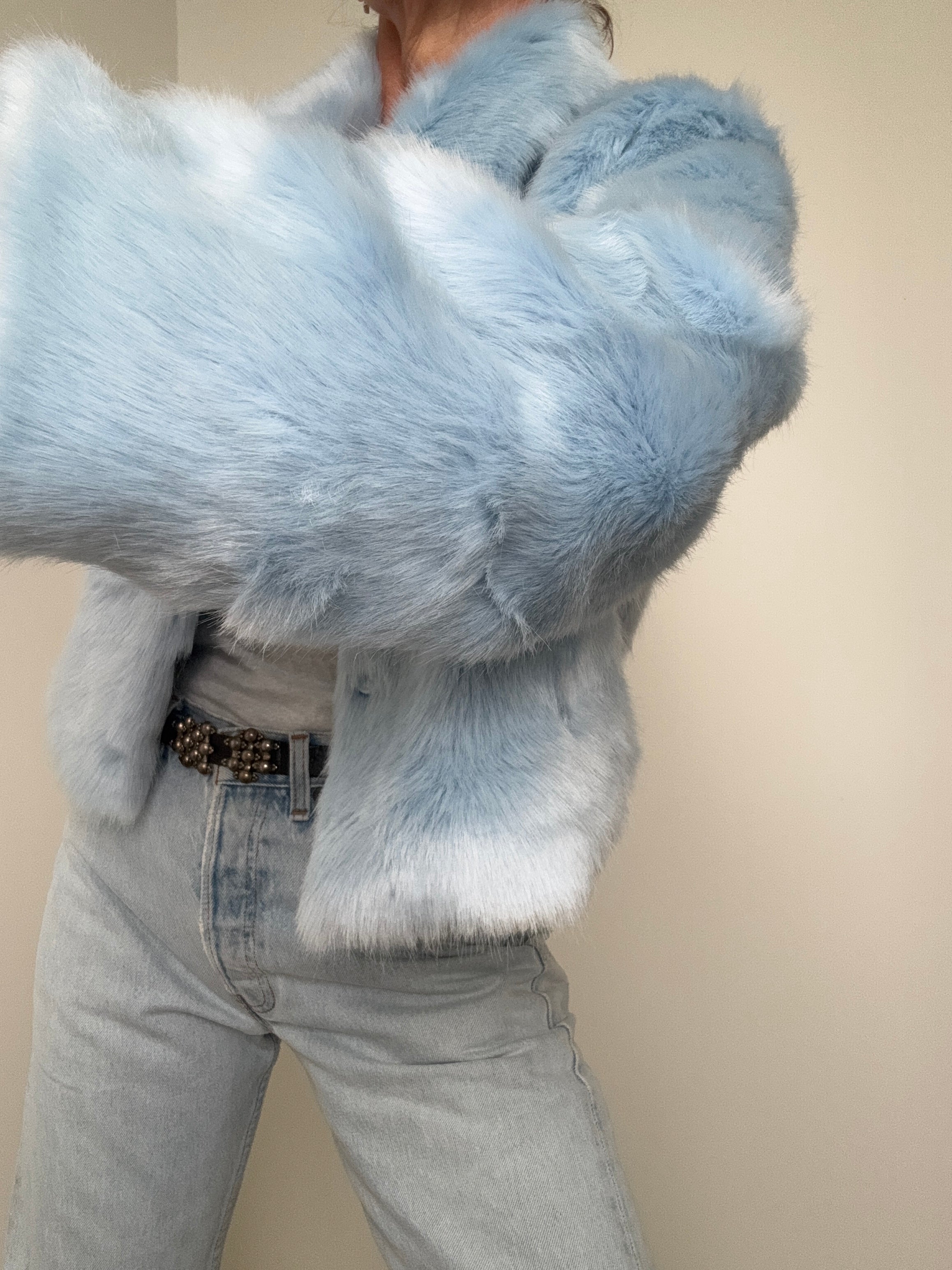 Cropped Sky Blue Rabbit Fur