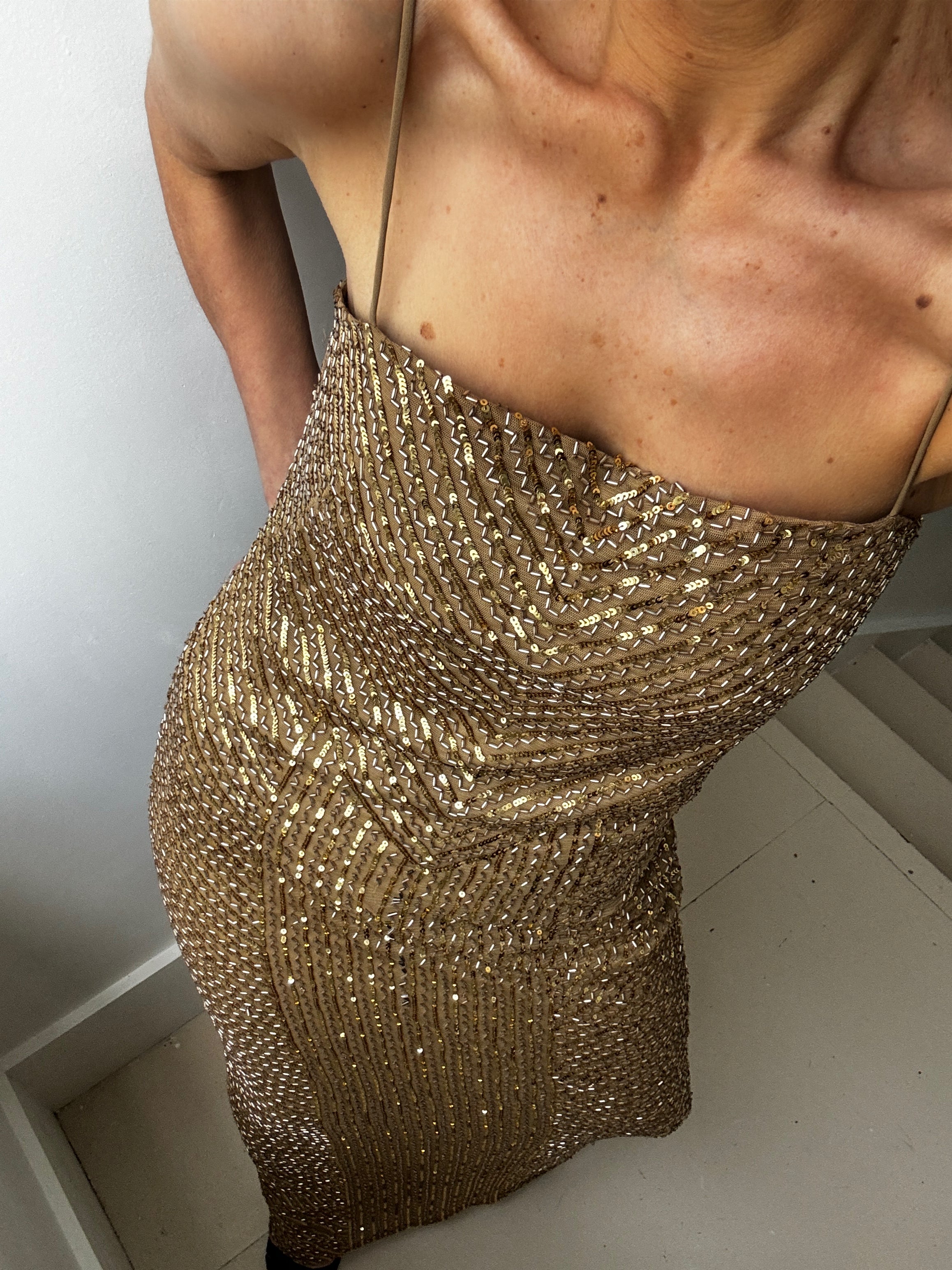 Geo-Motif Sequined Gown Burnished Tan/Gold