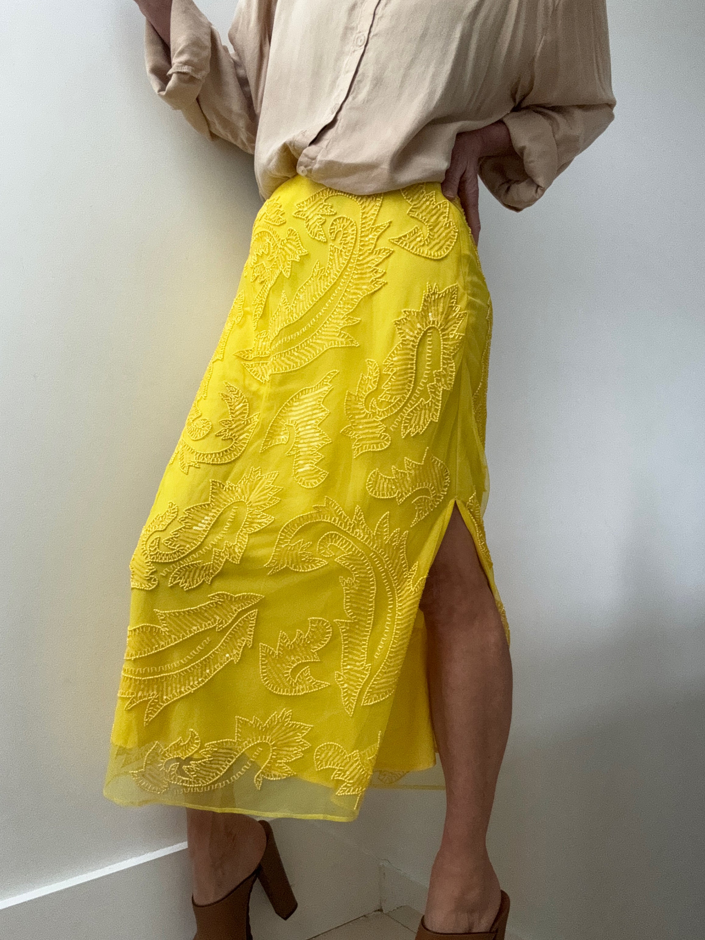 Beaded Mesh Midi Skirt Lemon Daffodil