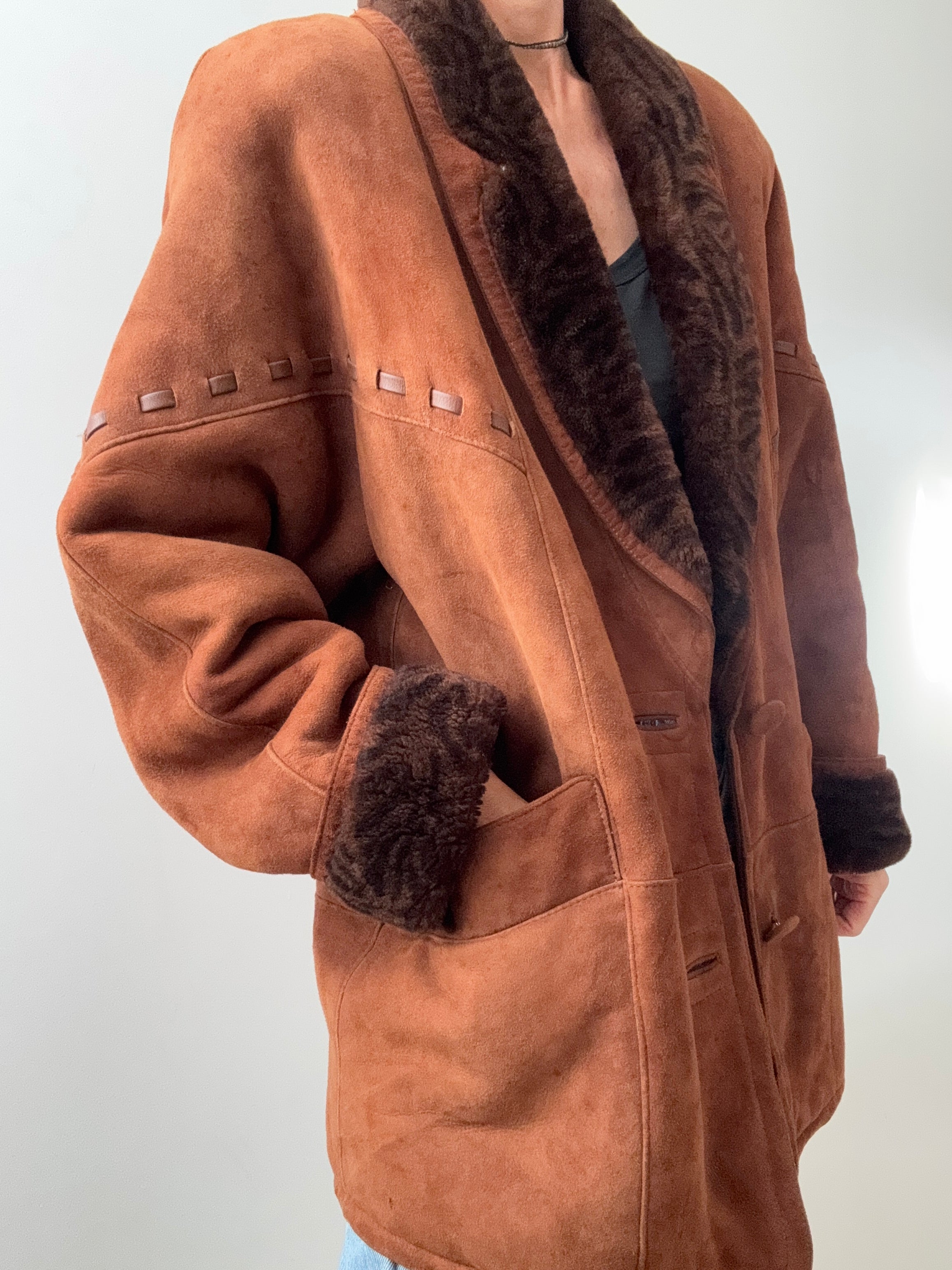Overstitched Shearling Coat