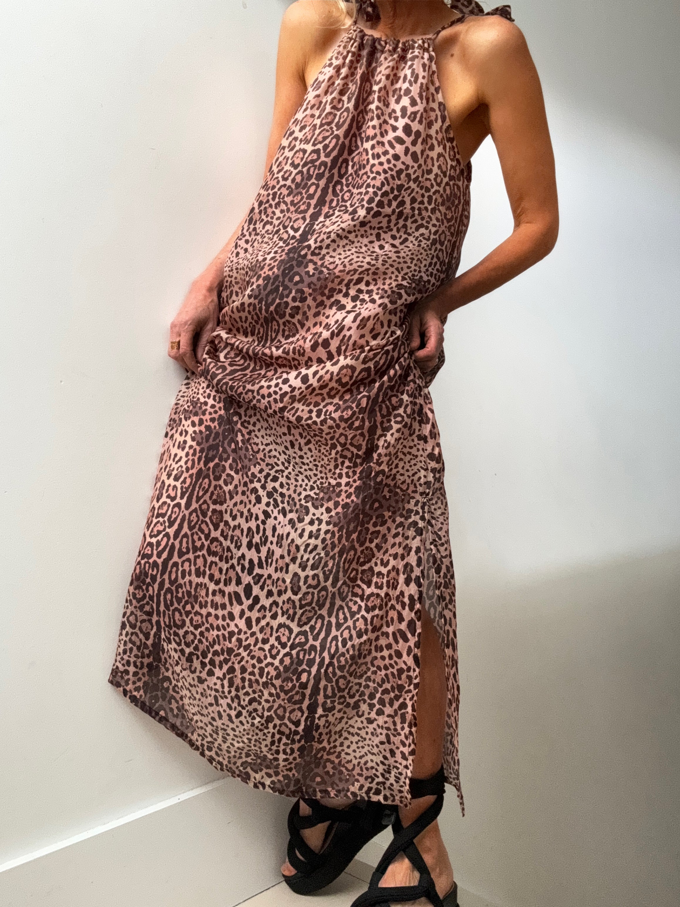 Handprinted Silk Maxi Sundress Leopard