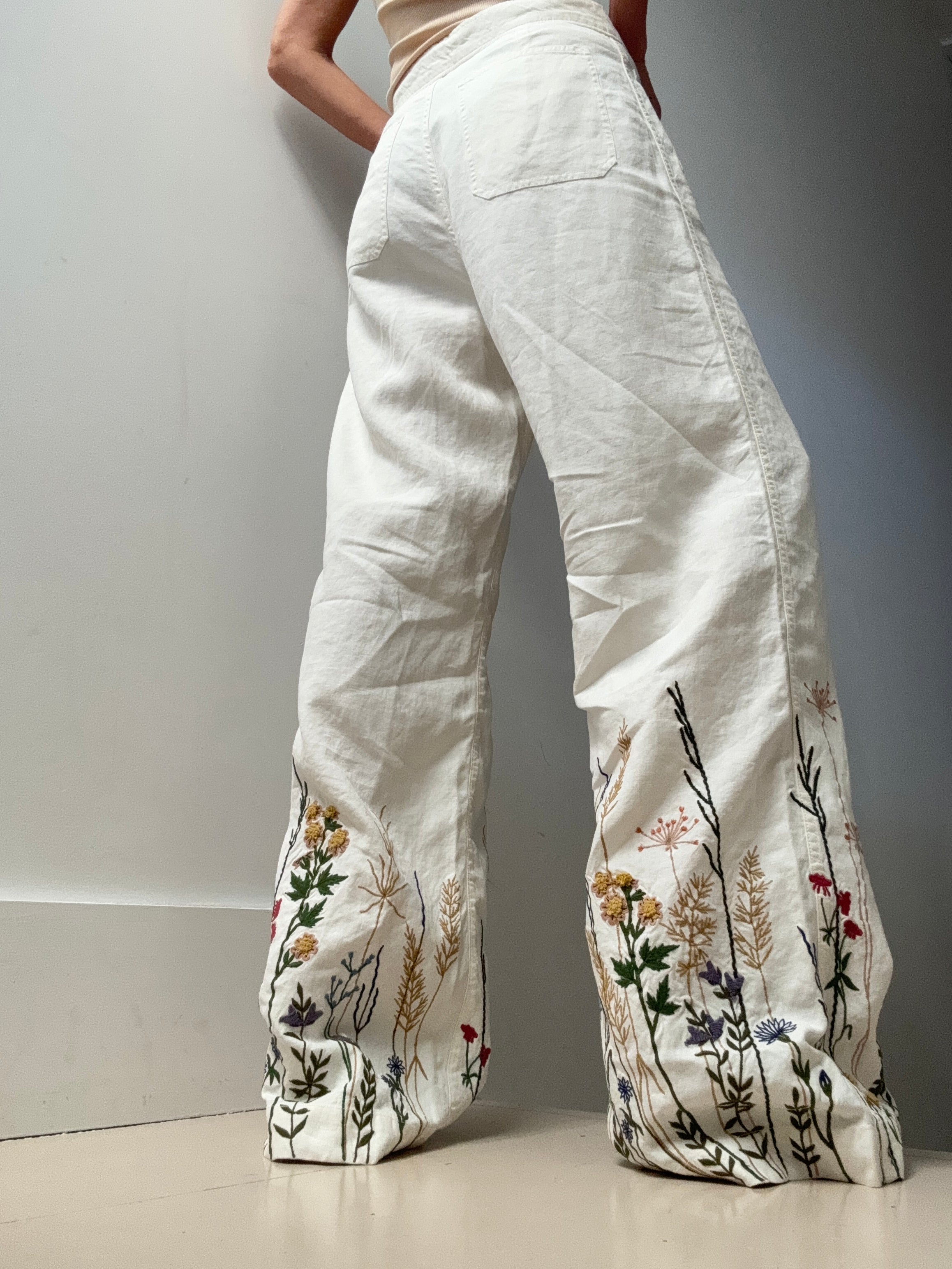 Embroidered Hemp Wide Leg Pant | Pants